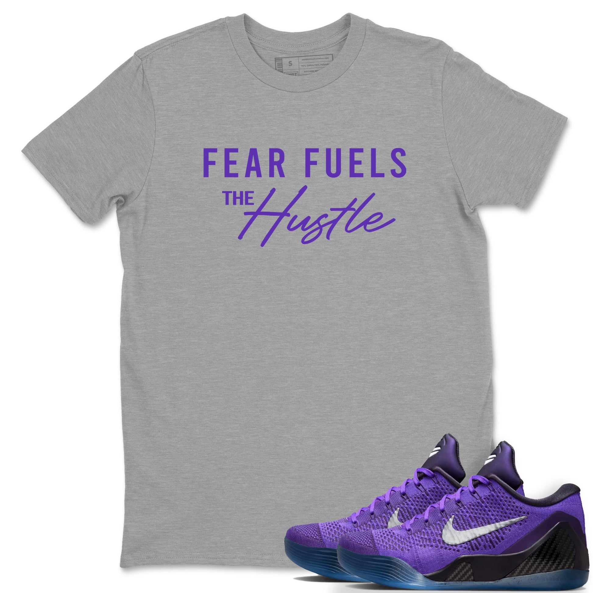 Sneaker Threads – Sneaker Tees To Match Nike KB 9 Hyper Grape – Fear Fuels The Hustle Graphic Tee Heather Grey 1. Perfect for Jordan releases 2025 colorways. Perfect for purple basketball sneaker releases and legacy-inspired colorways for 2025 hoopers.