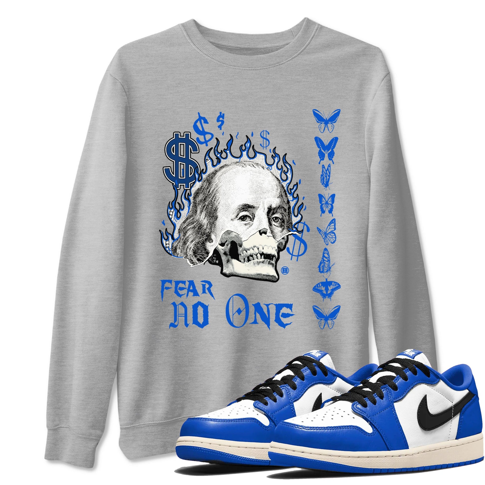 1s Game Royal shirt to match jordans Fear No One sneaker tees Air Jordan 1 Low Game Royal SNRT Sneaker Release Tees unisex cotton Heather Grey 1 crew neck shirt