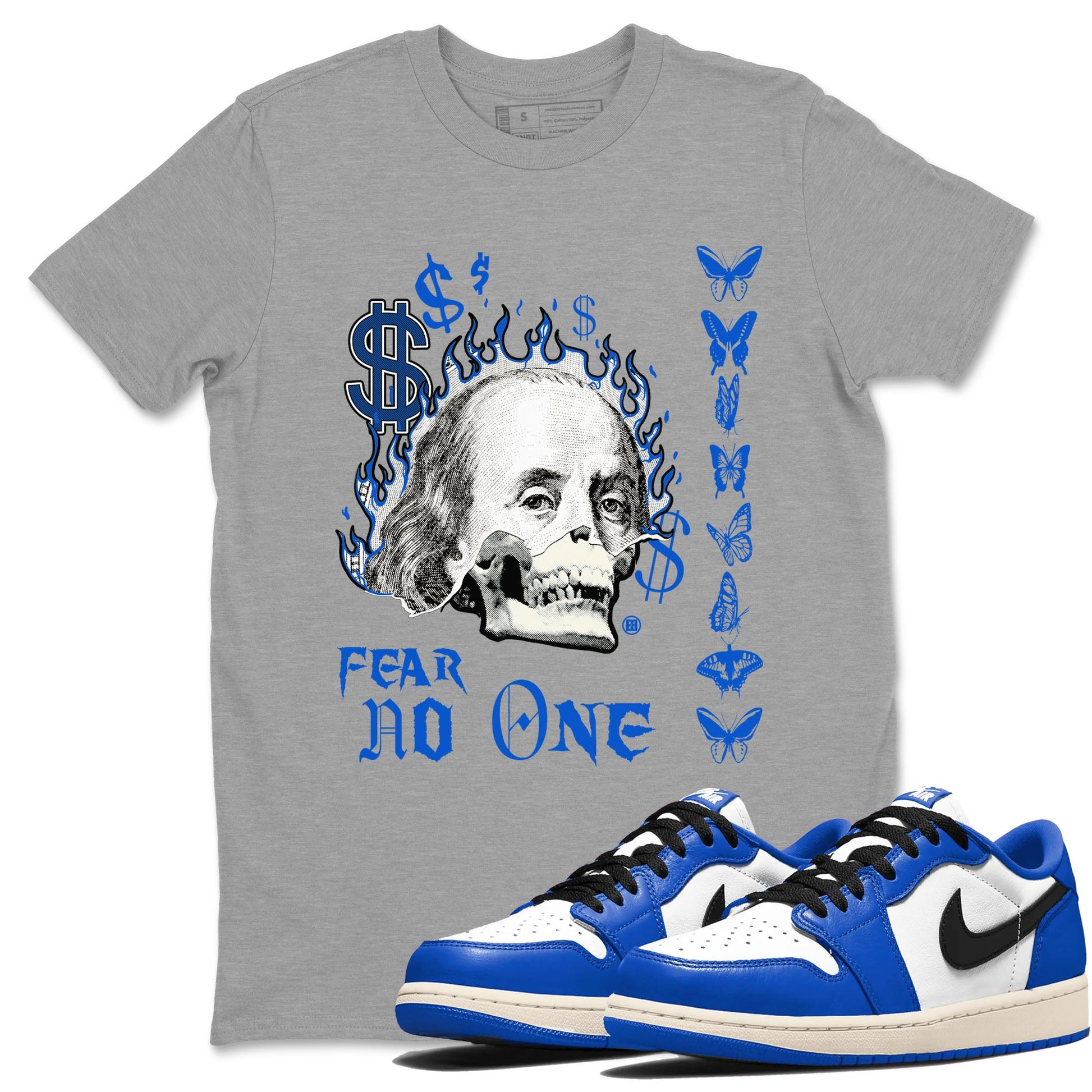 1s Game Royal shirt to match jordans Fear No One sneaker tees Air Jordan 1 Low Game Royal SNRT Sneaker Release Tees unisex cotton Heather Grey 1 crew neck shirt