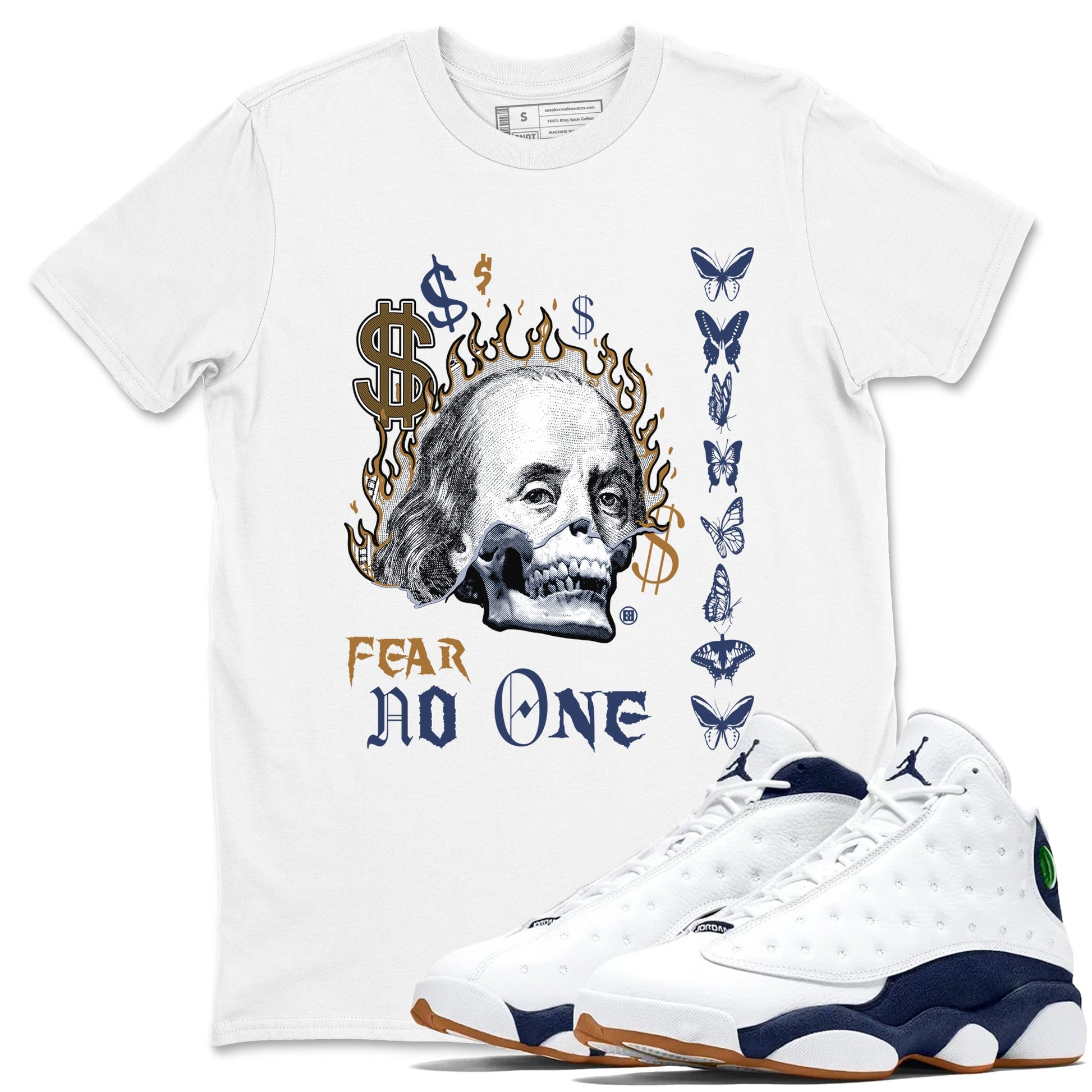 13s Midnight Navy shirts to match jordans Fear No One sneaker match tees Air Jordan 13 Midnight Navy SNRT Sneaker Release Tees unisex cotton White 1 crew neck shirts