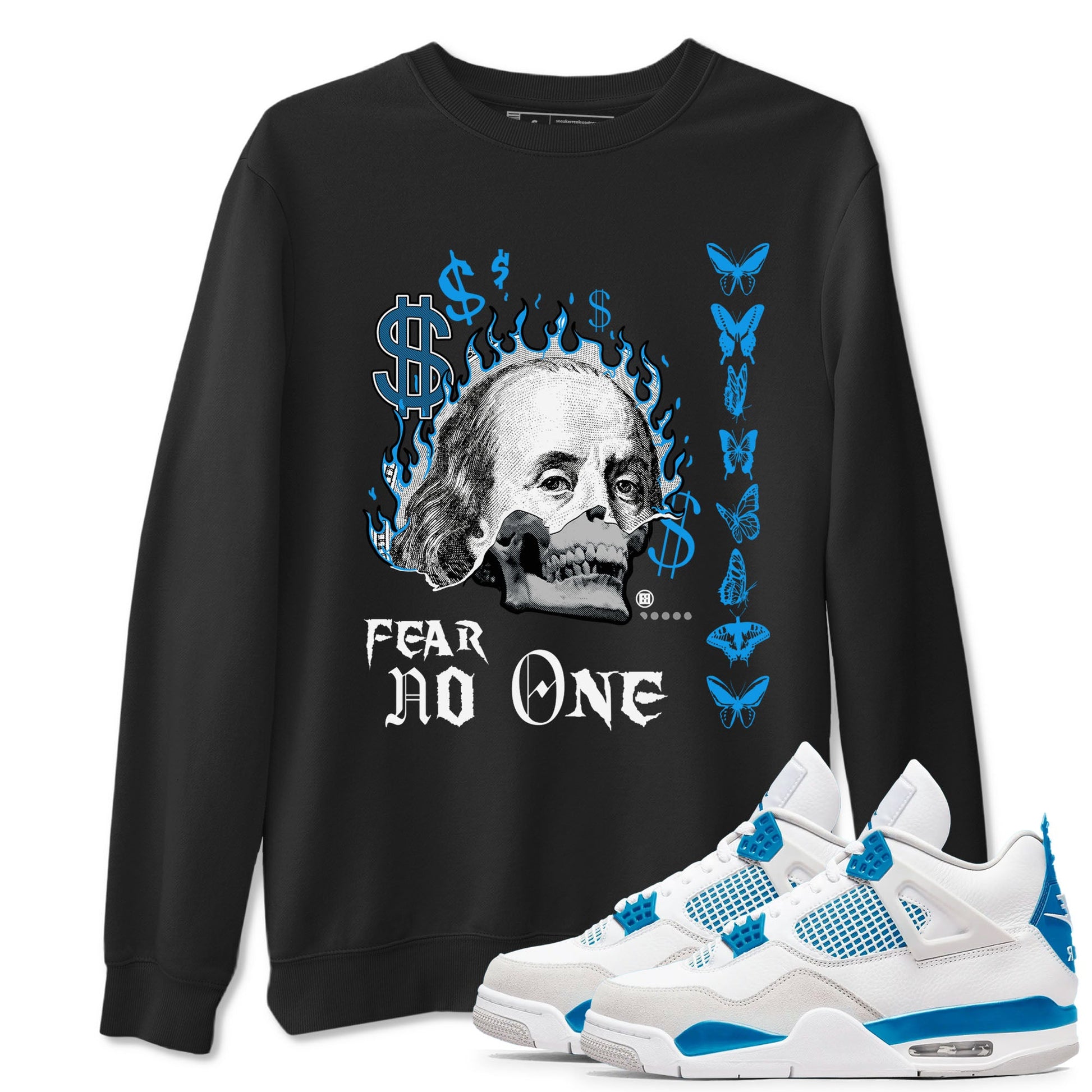 AJ4 Military Blue shirt to match jordans Fear No One sneaker tees Air Jordan 4 Military Blue SNRT Sneaker Release Tees unisex cotton Black 1 crew neck shirt