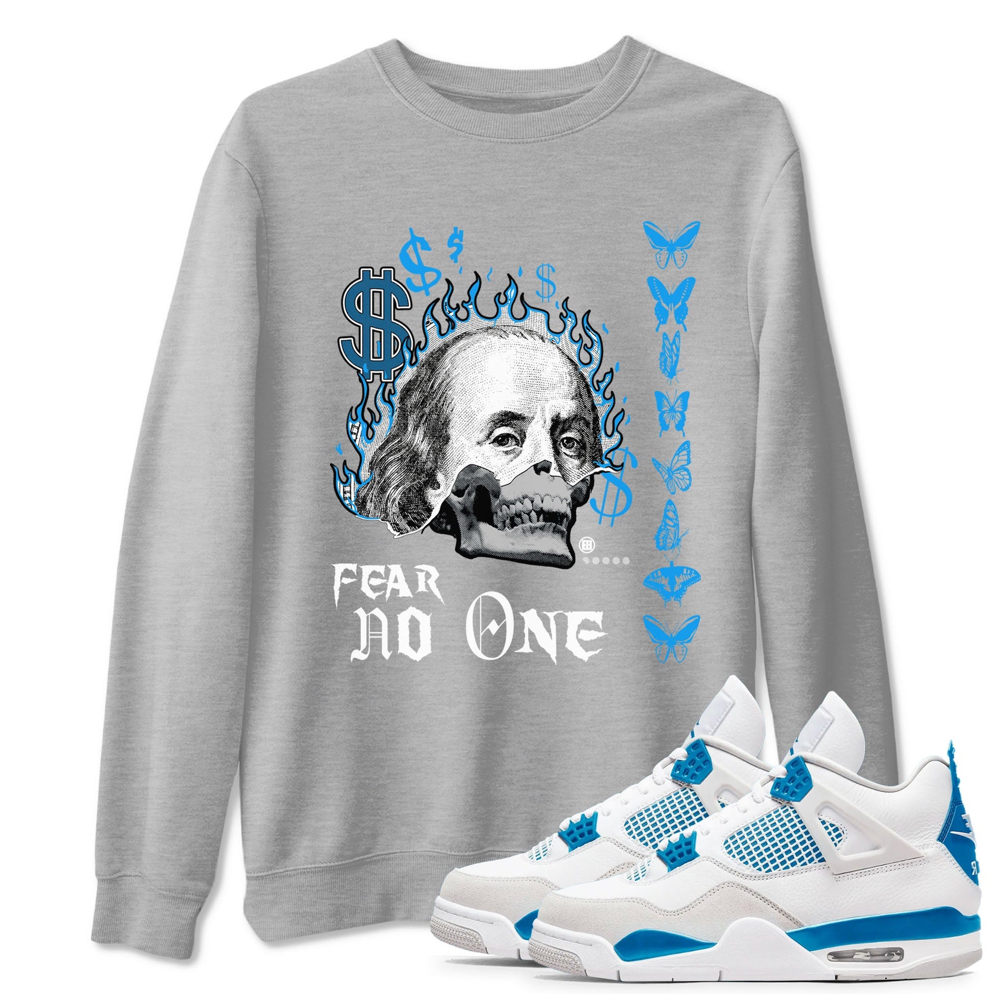 AJ4 Military Blue shirt to match jordans Fear No One sneaker tees Air Jordan 4 Military Blue SNRT Sneaker Release Tees unisex cotton Heather Grey 1 crew neck shirt