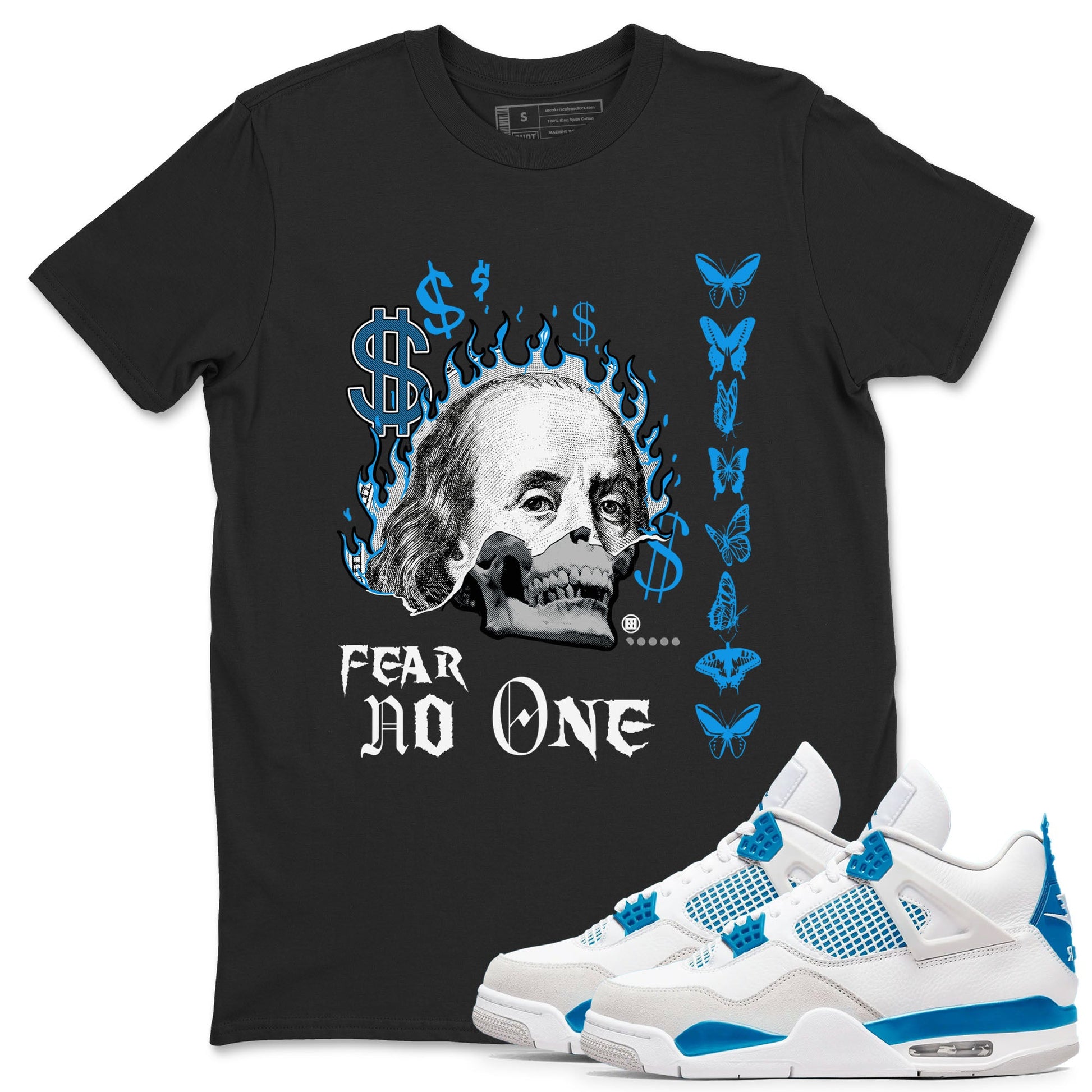 AJ4 Military Blue shirt to match jordans Fear No One sneaker tees Air Jordan 4 Military Blue SNRT Sneaker Release Tees unisex cotton Black 1 crew neck shirt