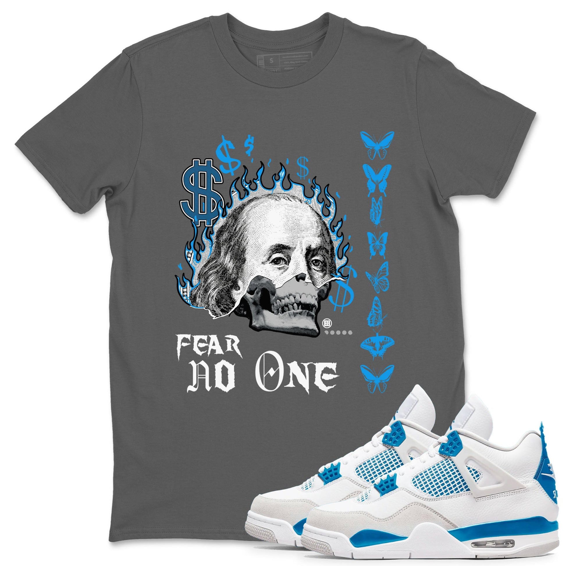 AJ4 Military Blue shirt to match jordans Fear No One sneaker tees Air Jordan 4 Military Blue SNRT Sneaker Release Tees unisex cotton Cool Grey 1 crew neck shirt