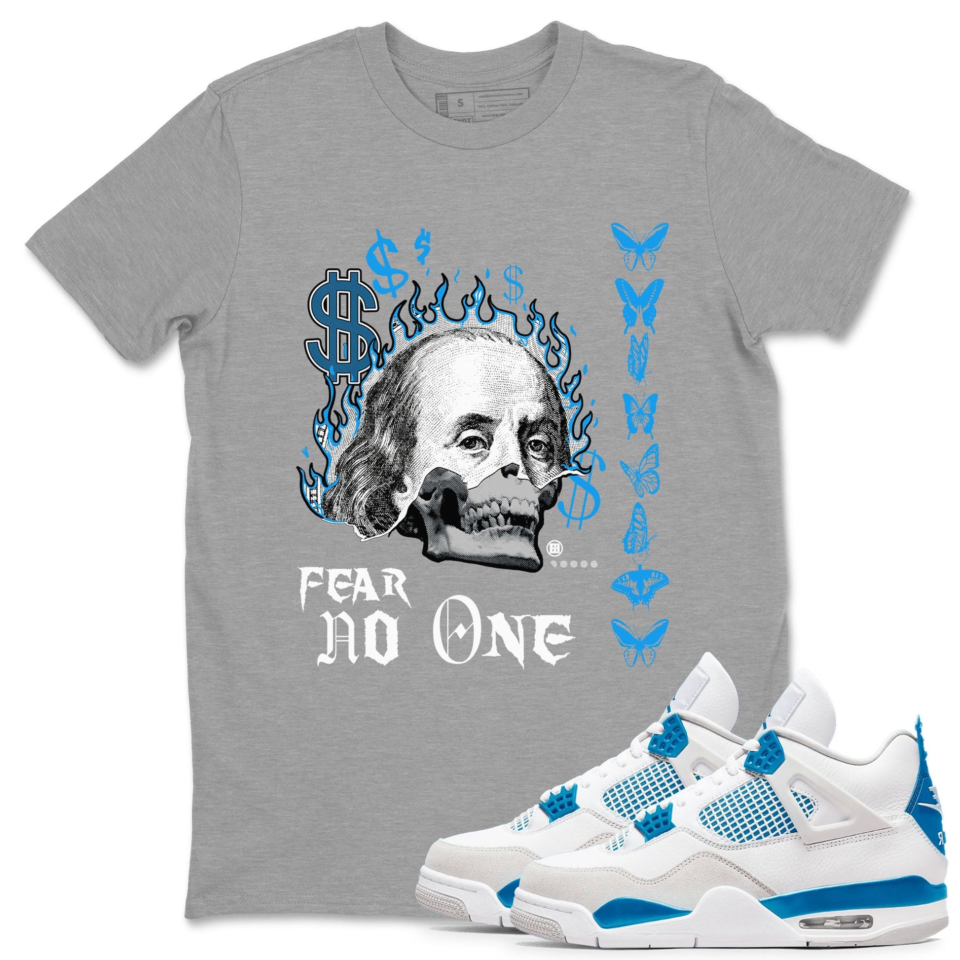 AJ4 Military Blue shirt to match jordans Fear No One sneaker tees Air Jordan 4 Military Blue SNRT Sneaker Release Tees unisex cotton Heather Grey 1 crew neck shirt