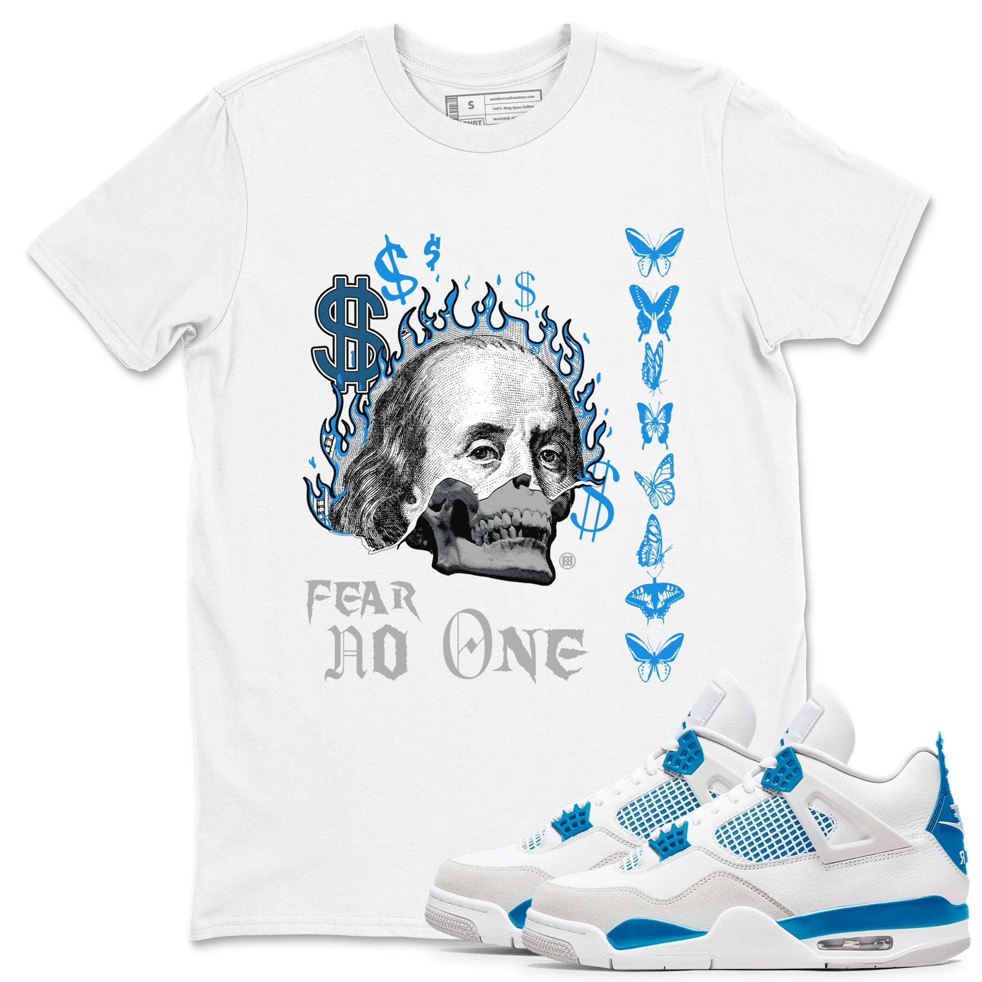 AJ4 Military Blue shirt to match jordans Fear No One sneaker tees Air Jordan 4 Military Blue SNRT Sneaker Release Tees unisex cotton White 1 crew neck shirt