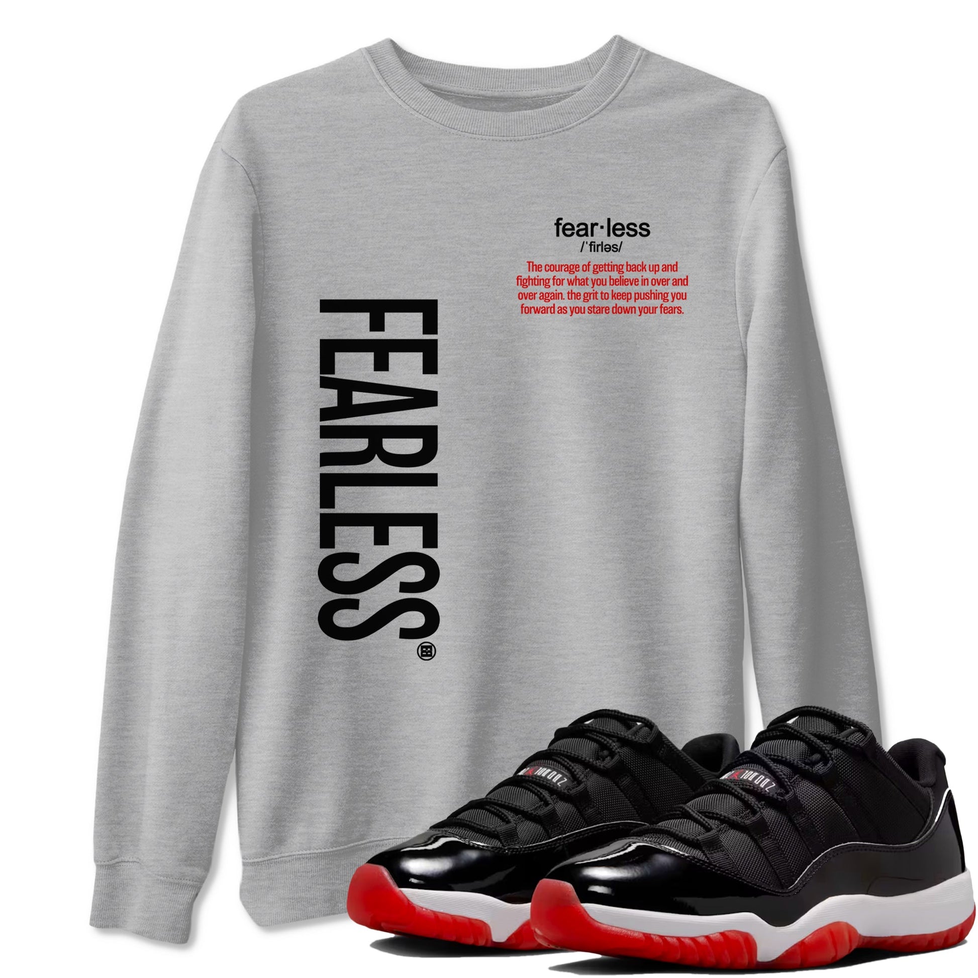 Air Jordan 11 Low Bred sneaker match tee Fearless Definition sneaker match tees Air Jordan 11 Bred best t-shirts to match jordans SNRT Sneaker Tees unisex cotton Heather Grey 1 shirts