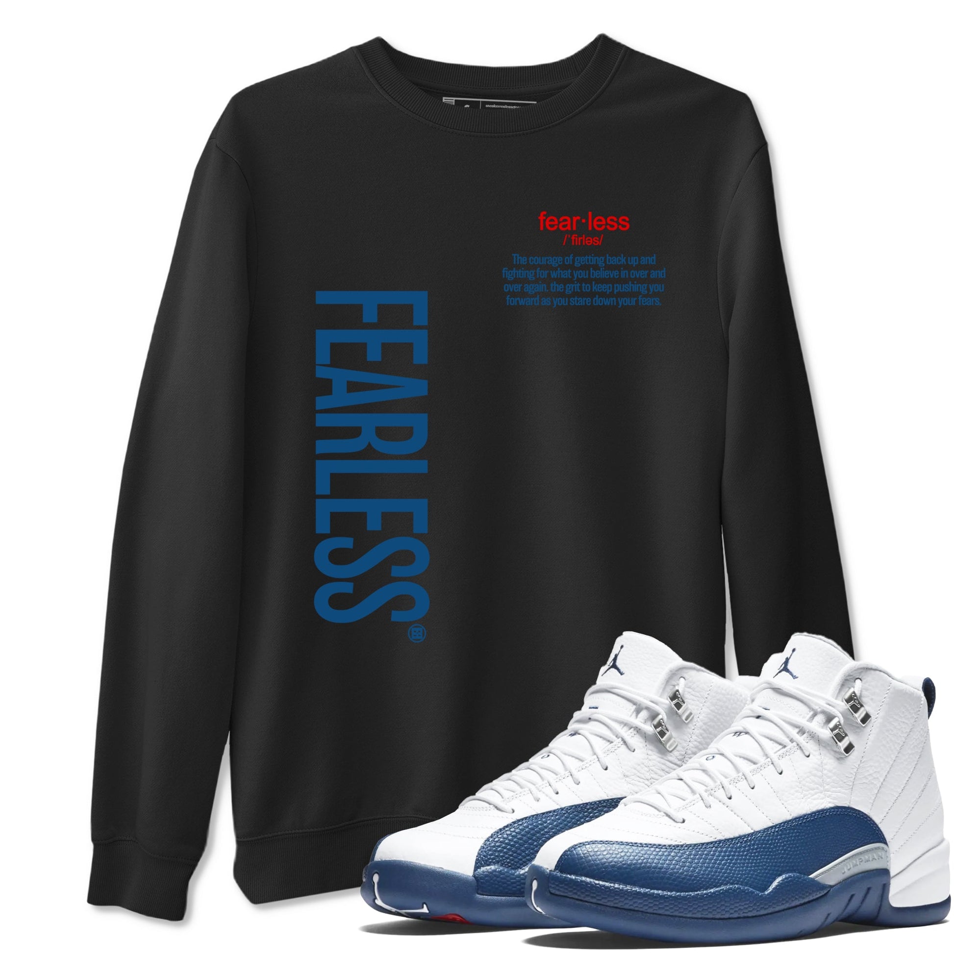 Fearless Definition sneaker match tees styled to complete your fit with the Air Jordan 12 French Blue sneakers, shown in Black 1.
