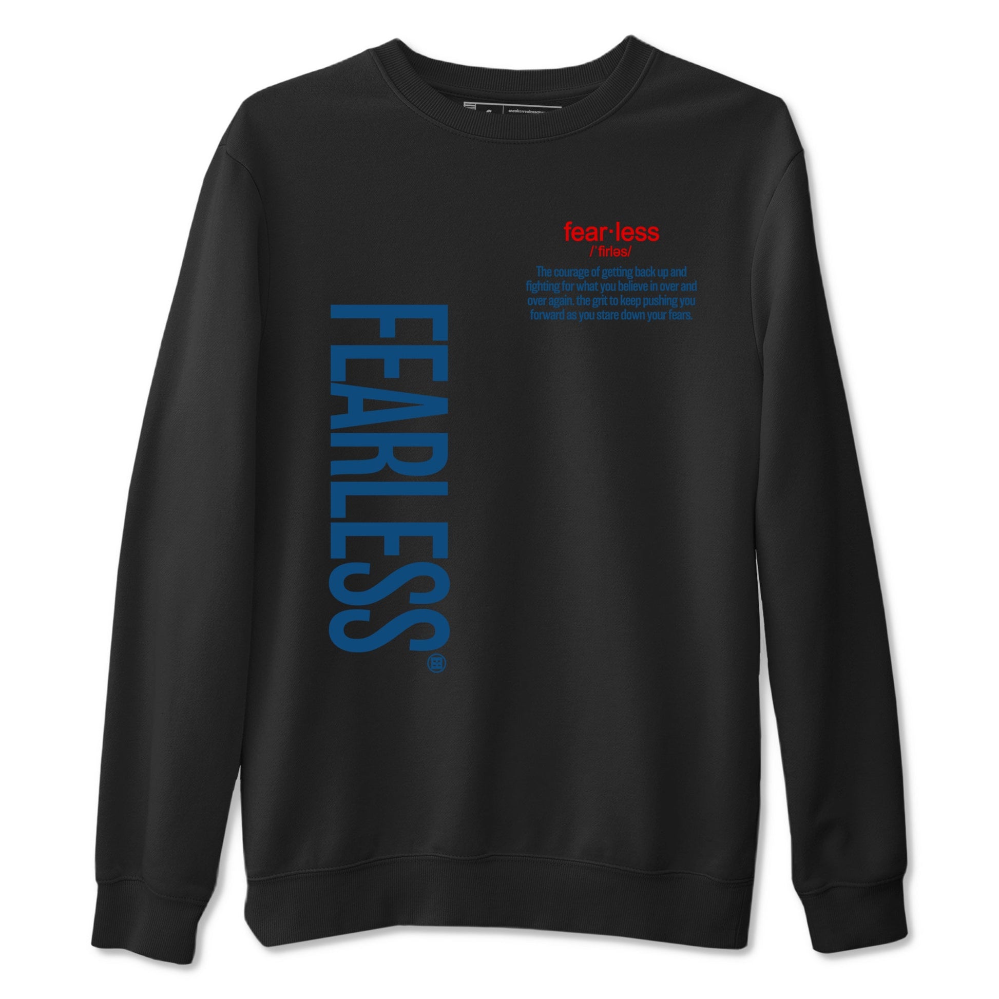 Fearless Definition sneaker match tees styled to complete your fit with the Air Jordan 12 French Blue sneakers, shown in Black 2.