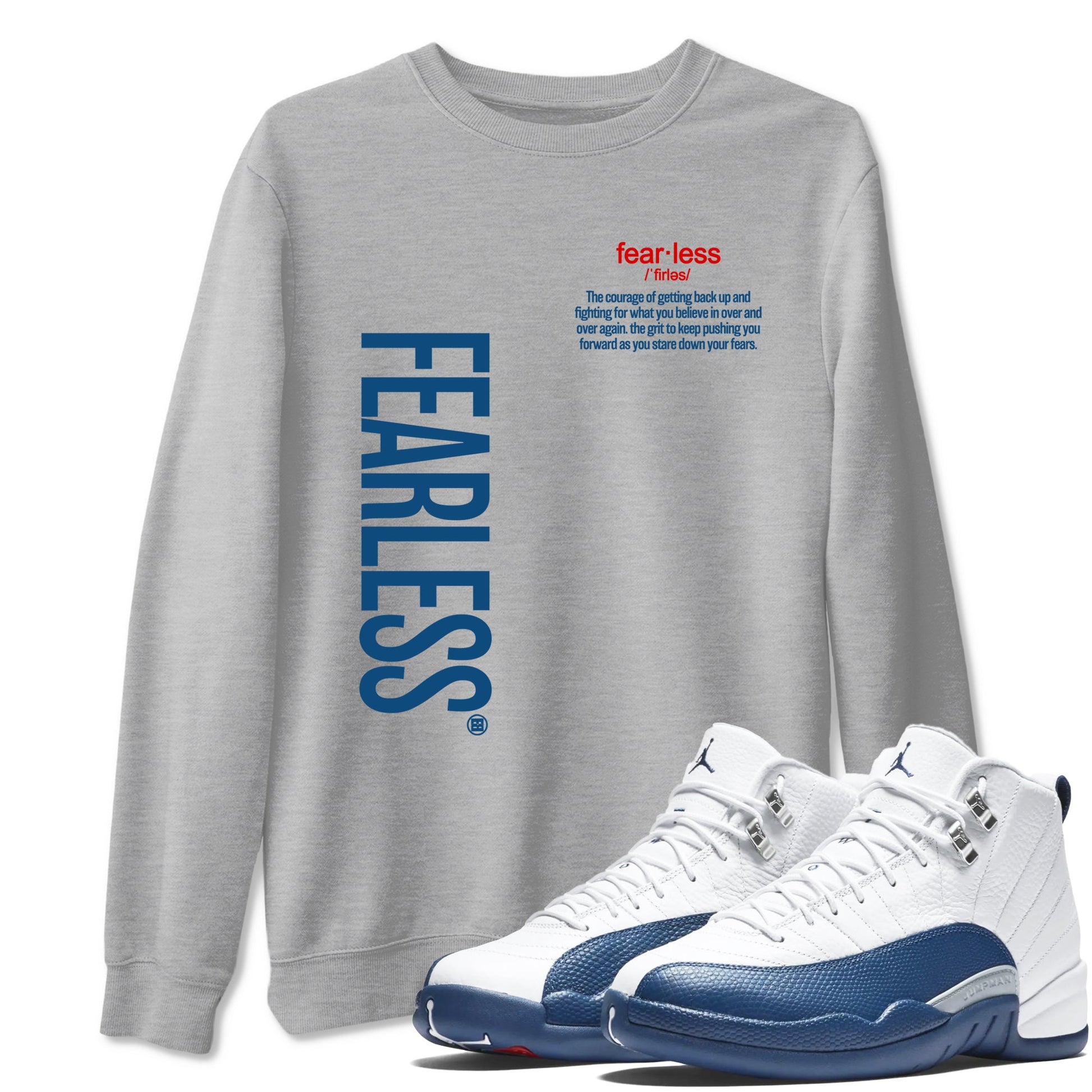 Fearless Definition sneaker match tees styled to complete your fit with the Air Jordan 12 French Blue sneakers, shown in Heather Grey 1.