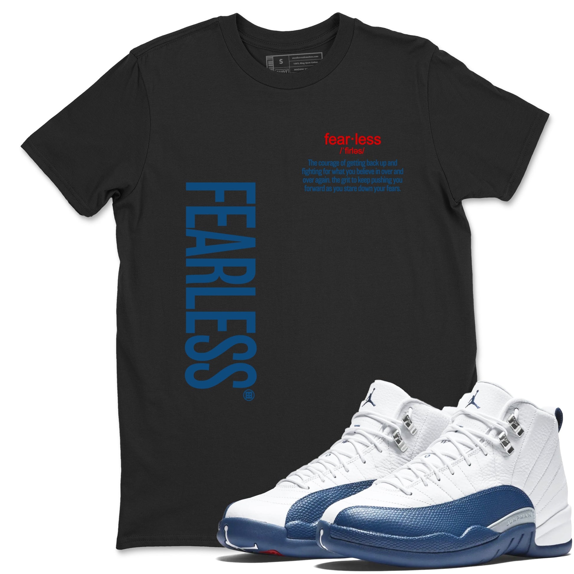 Fearless Definition sneaker match tees styled to complete your fit with the Air Jordan 12 French Blue sneakers, shown in Black 1.