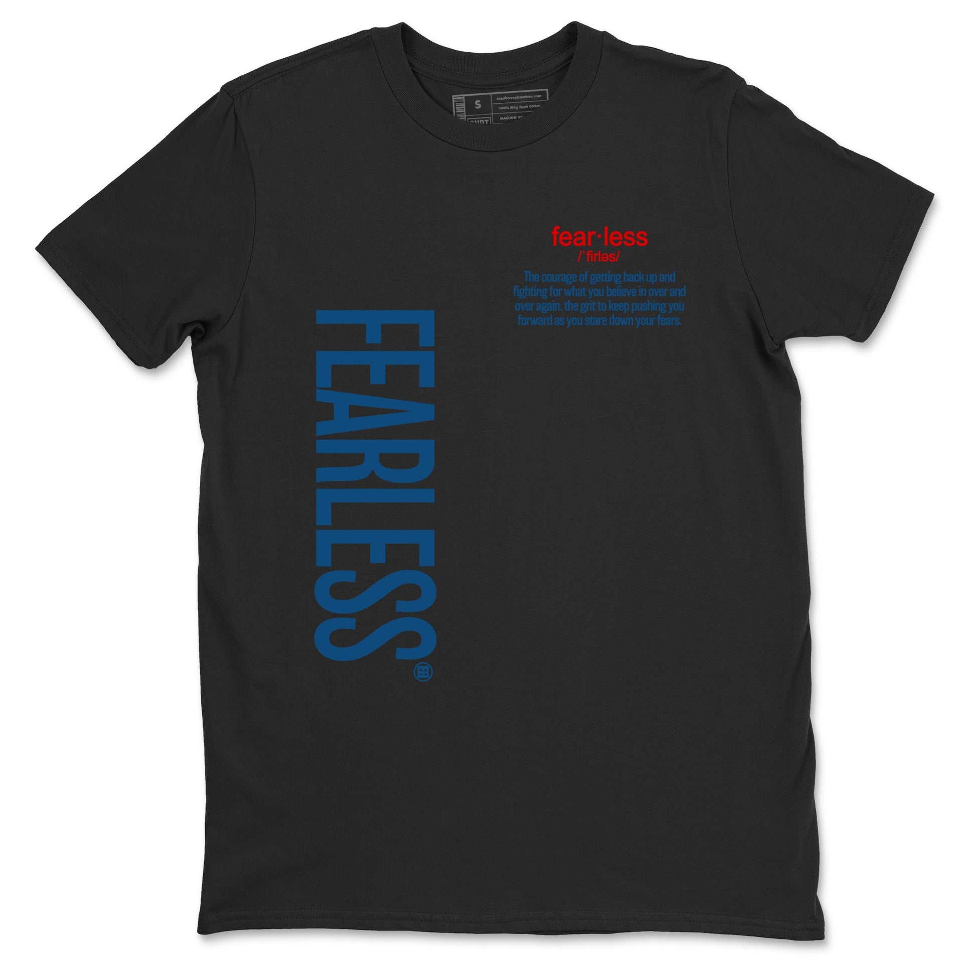 Fearless Definition sneaker match tees styled to complete your fit with the Air Jordan 12 French Blue sneakers, shown in Black 2.