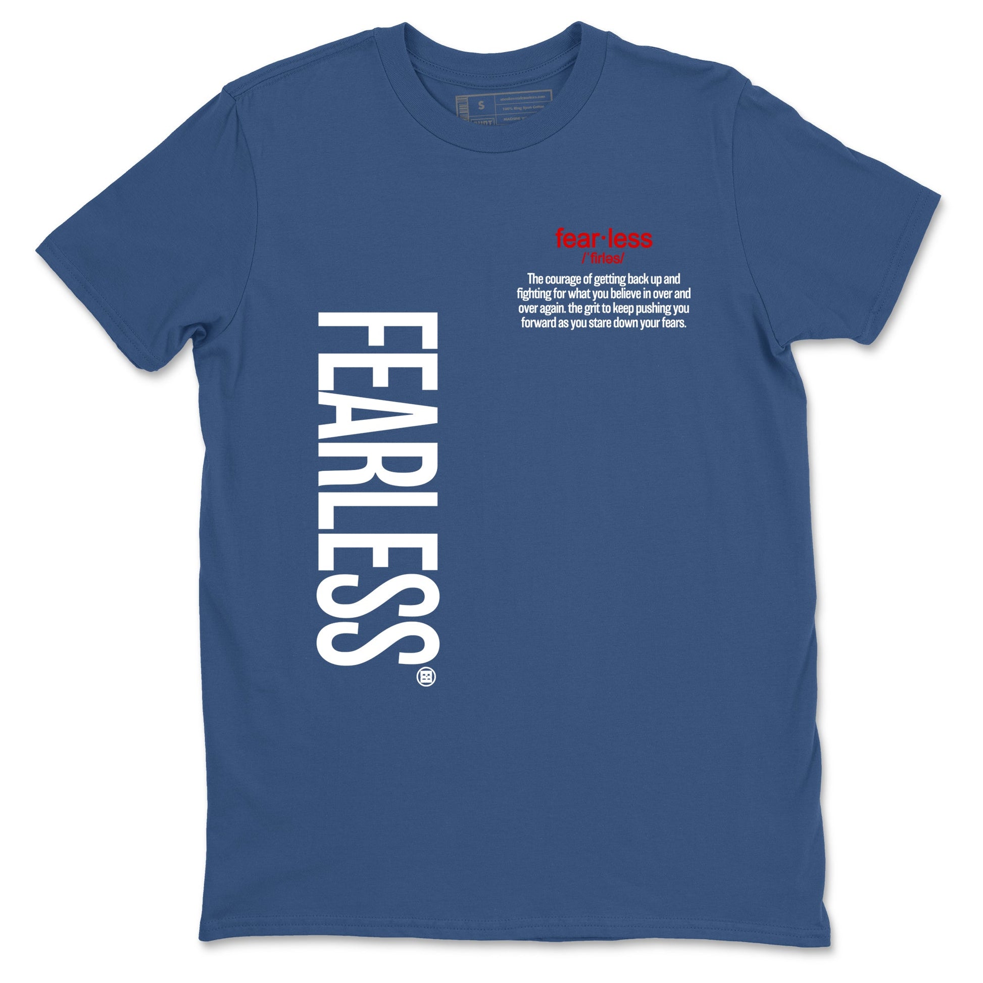 Fearless Definition sneaker match tees styled to complete your fit with the Air Jordan 12 French Blue sneakers, shown in Denim Blue 2.