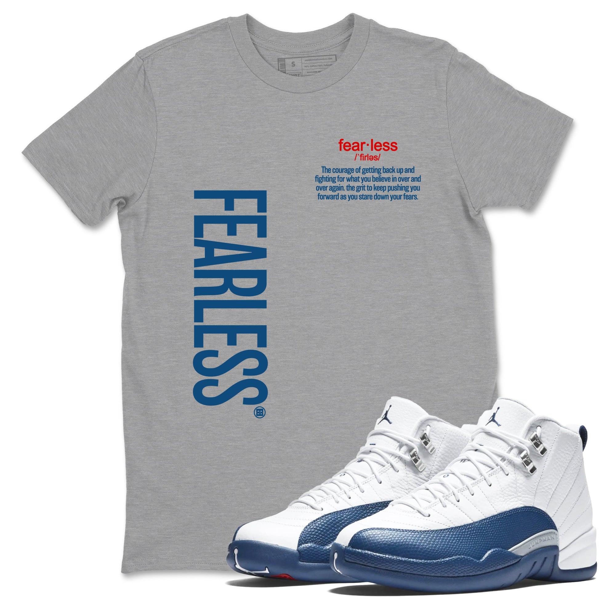 Fearless Definition sneaker match tees styled to complete your fit with the Air Jordan 12 French Blue sneakers, shown in Heather Grey 1.