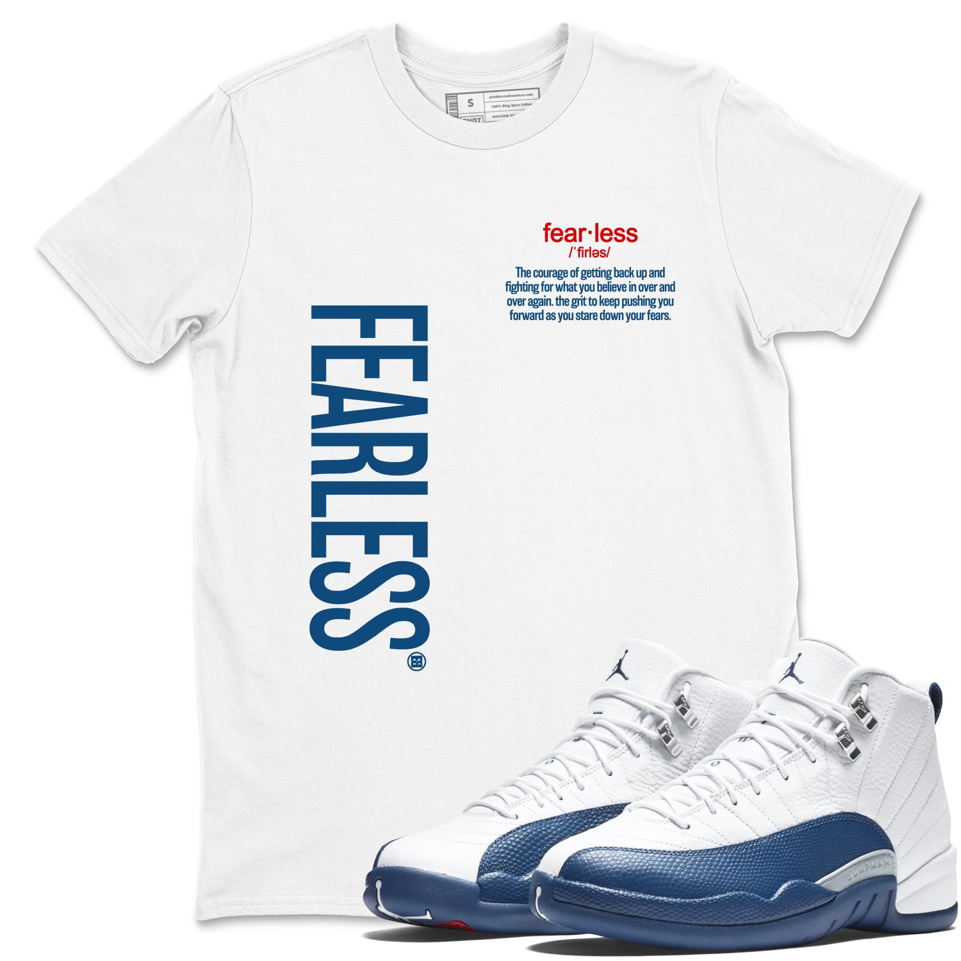 Fearless Definition sneaker match tees styled to complete your fit with the Air Jordan 12 French Blue sneakers, shown in White 1.
