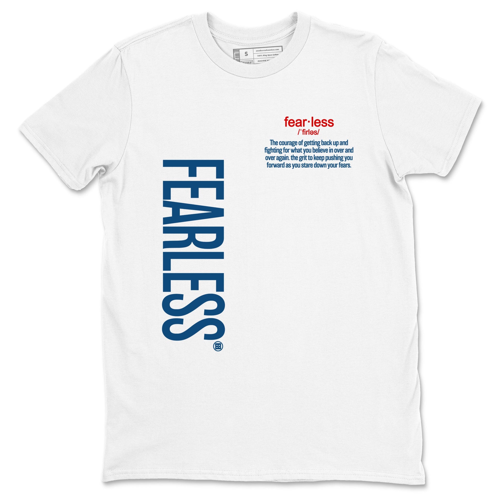 Fearless Definition sneaker match tees styled to complete your fit with the Air Jordan 12 French Blue sneakers, shown in White 2.