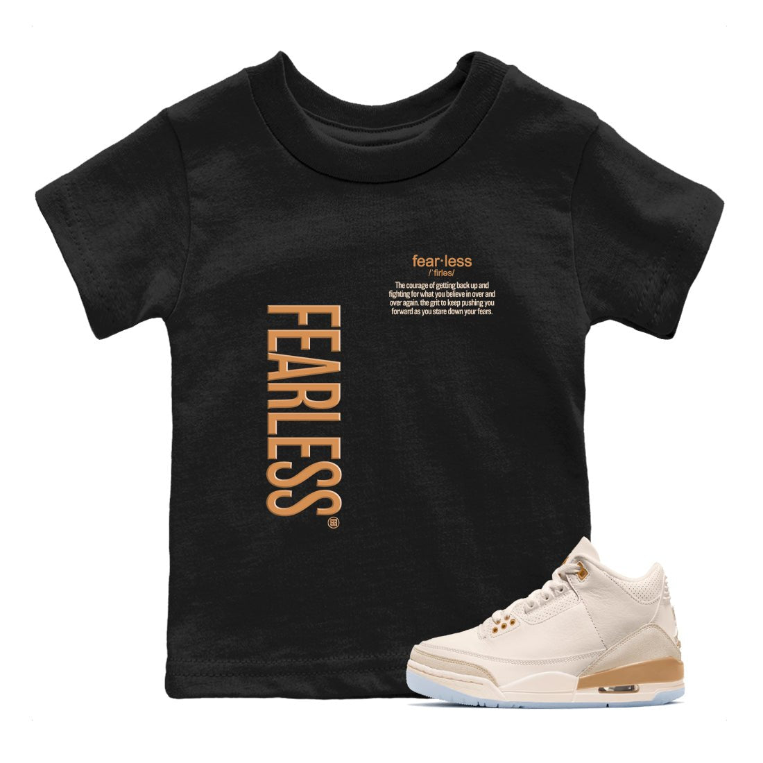 Sneaker match tees – Sneaker Tees To Match Air Jordan 3 Champagne and Oysters Shoes – Fearless Definition Kids T-Shirt Black 1