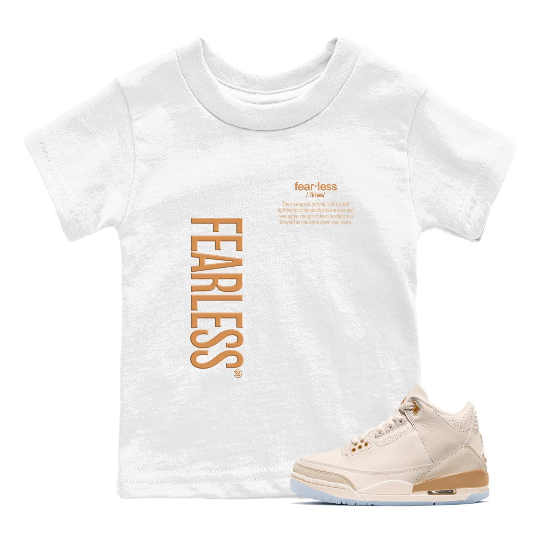 Sneaker match tees – Sneaker Tees To Match Air Jordan 3 Champagne and Oysters Shoes – Fearless Definition Kids T-Shirt White 1
