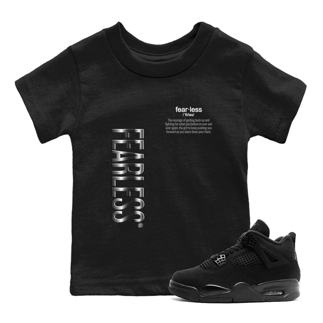 4s Black Cat Sneaker match tees – Sneaker Tees To Match Air Jordan 4 Black Cat Shoes – Fearless Definition Kids T-Shirt Black 1