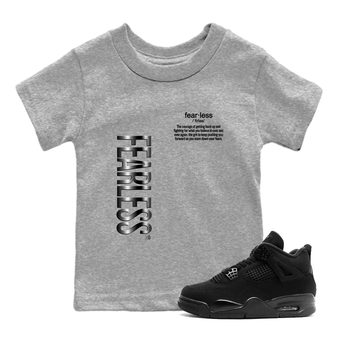 4s Black Cat Sneaker match tees – Sneaker Tees To Match Air Jordan 4 Black Cat Shoes – Fearless Definition Kids T-Shirt Heather Grey 1