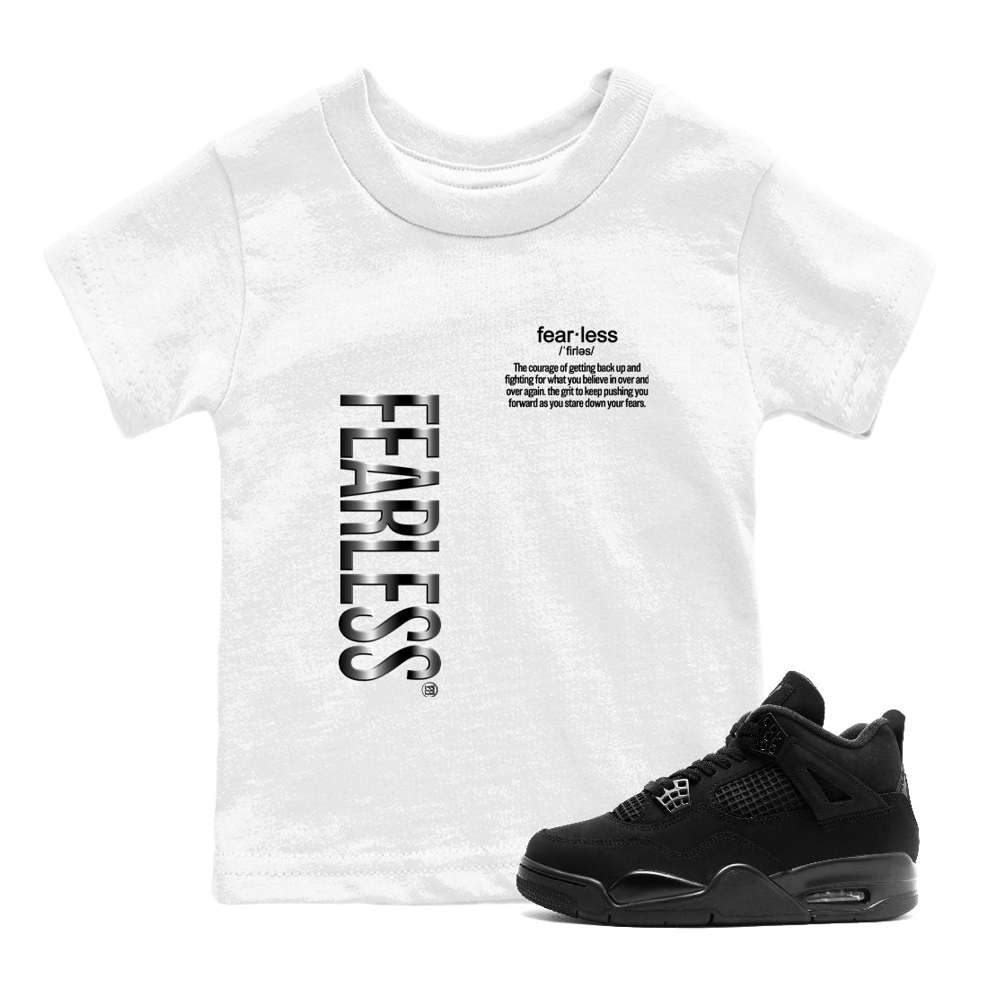 4s Black Cat Sneaker match tees – Sneaker Tees To Match Air Jordan 4 Black Cat Shoes – Fearless Definition Kids T-Shirt White 1