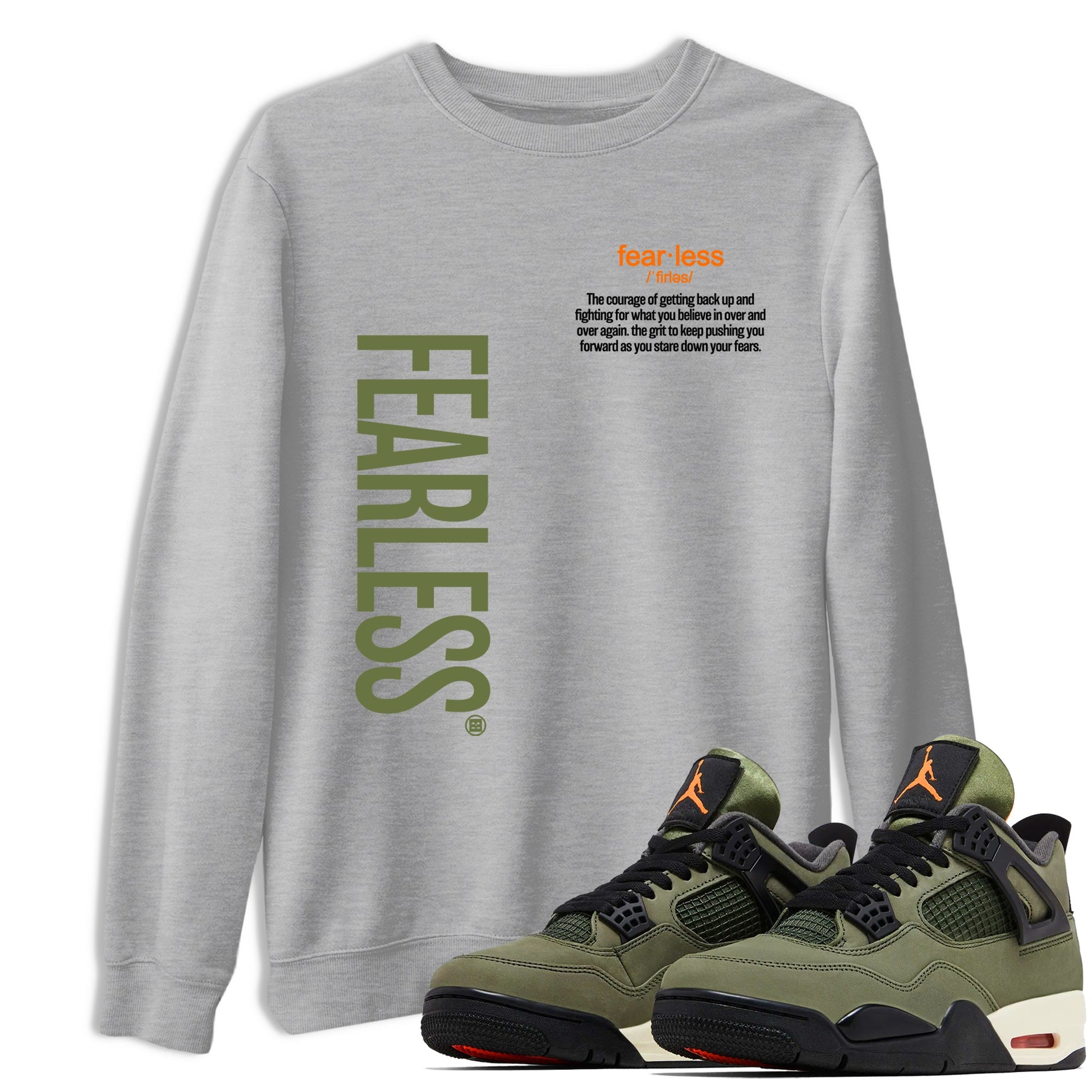 Sneaker match tees – Sneaker Tees To Match Undefeated inspired colorways Air Jordan 4 OG Olive Shoes – Fearless Definition Tee Heather Grey 1