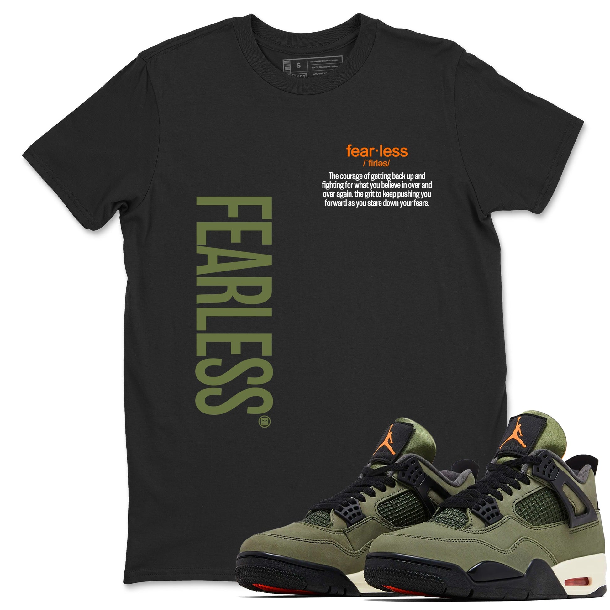 Sneaker match tees – Sneaker Tees To Match Undefeated inspired colorways Air Jordan 4 OG Olive Shoes – Fearless Definition Tee Black 1