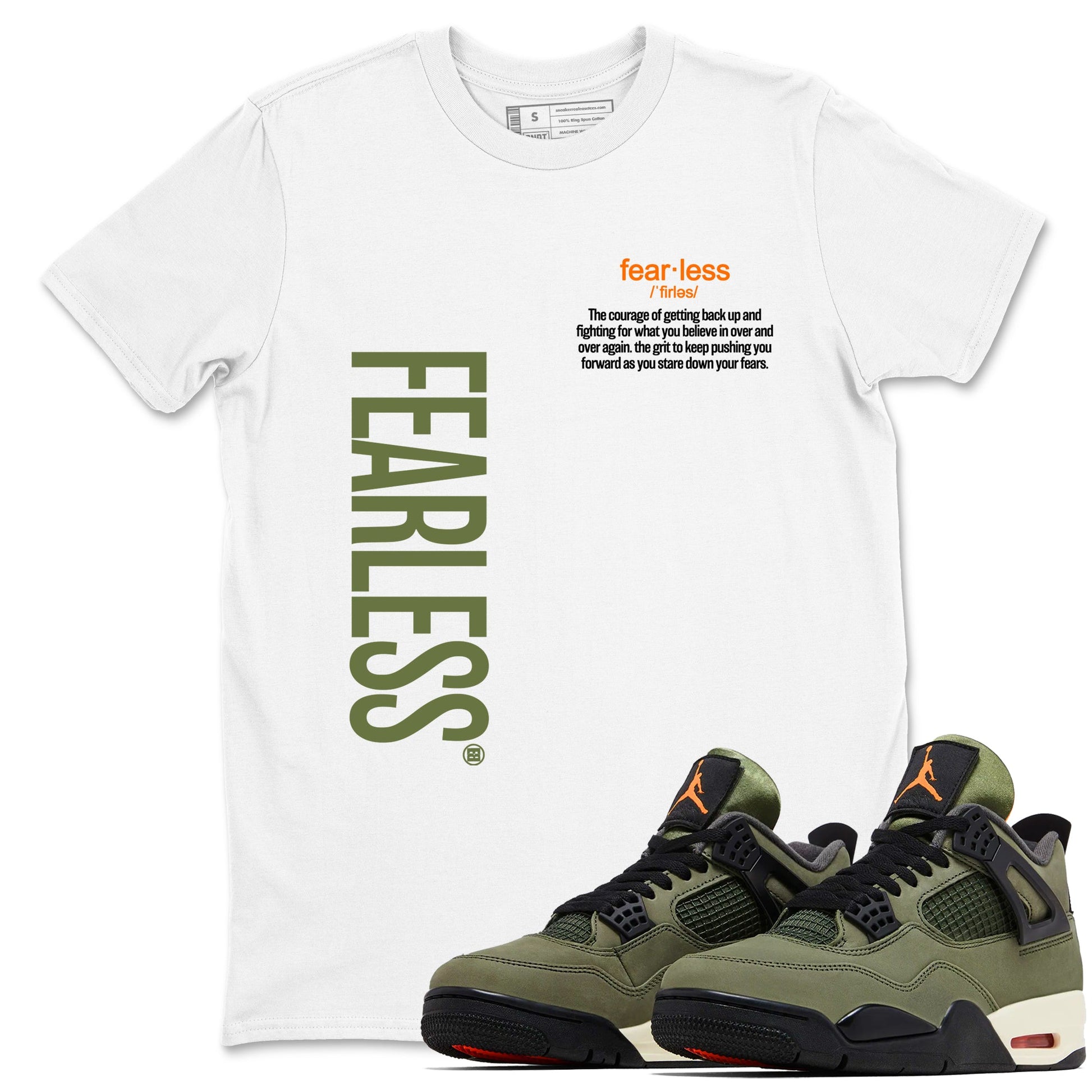 Sneaker match tees – Sneaker Tees To Match Undefeated inspired colorways Air Jordan 4 OG Olive Shoes – Fearless Definition Tee White 1