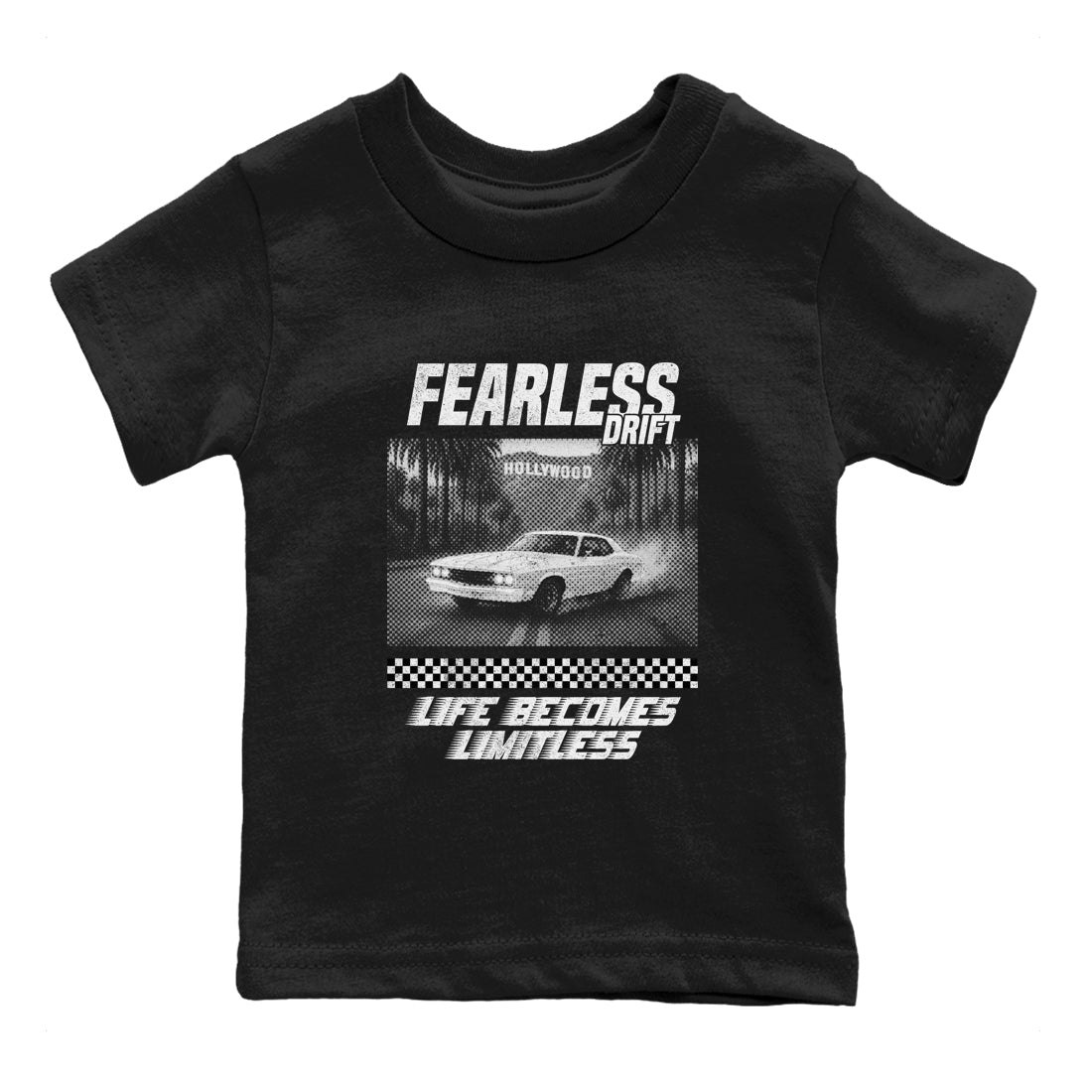 Fearless Drift baby and kids t-shirt crafted for little sneakerheads to shine with the Air Foamposite One Triple White sneakers, displayed in Black 2.