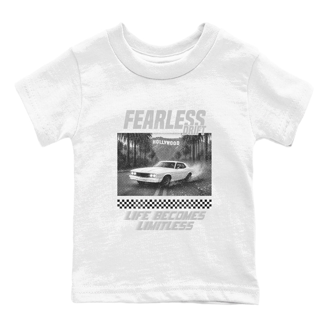 Fearless Drift baby and kids t-shirt crafted for little sneakerheads to shine with the Air Foamposite One Triple White sneakers, displayed in White 2.