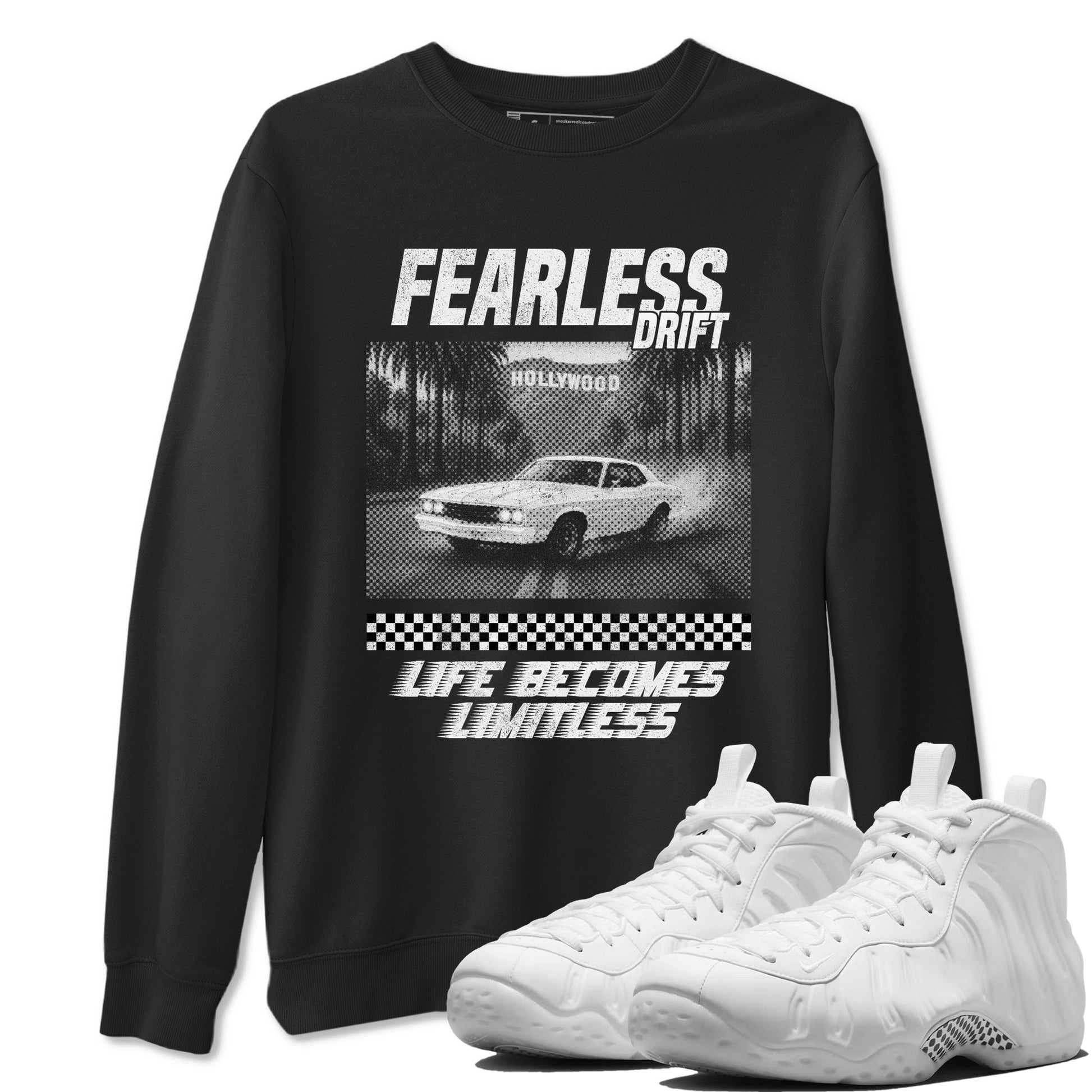 Fearless Drift sneaker match t-shirt styled to complete your fit with the Air Foamposite One Triple White sneakers, shown in Black 1.