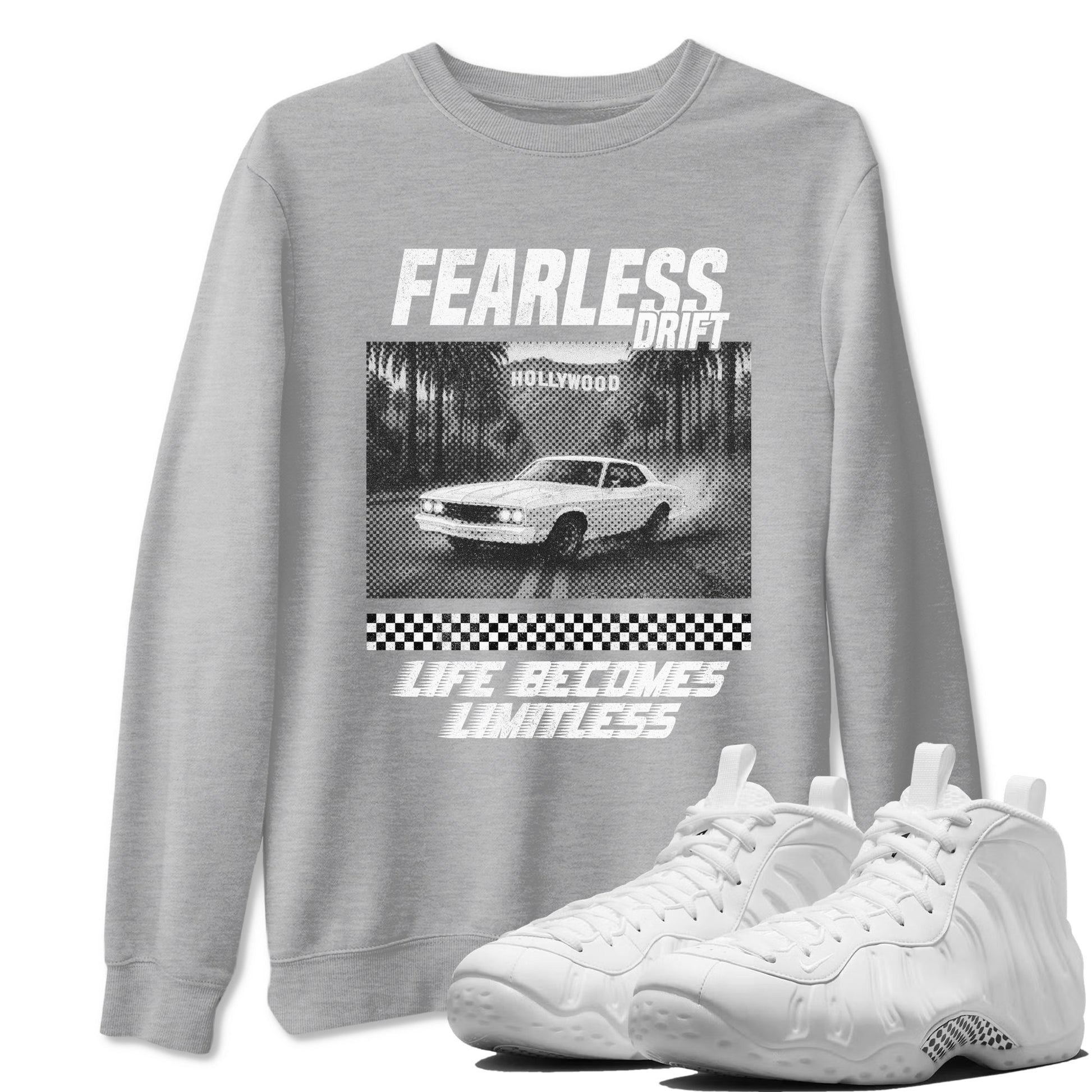 Fearless Drift sneaker match t-shirt styled to complete your fit with the Air Foamposite One Triple White sneakers, shown in Heather Grey 1.