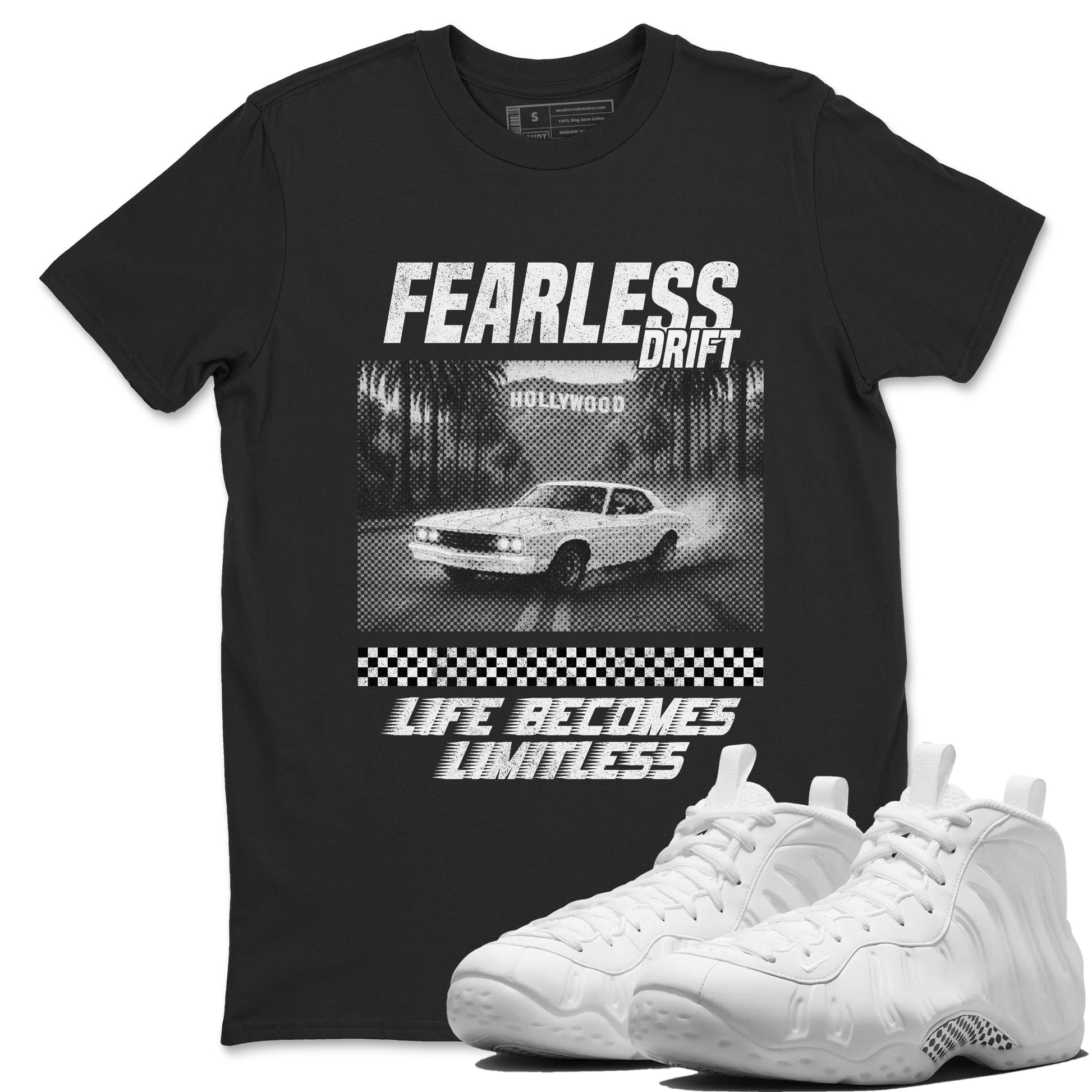 Fearless Drift sneaker match t-shirt styled to complete your fit with the Air Foamposite One Triple White sneakers, shown in Black 1.