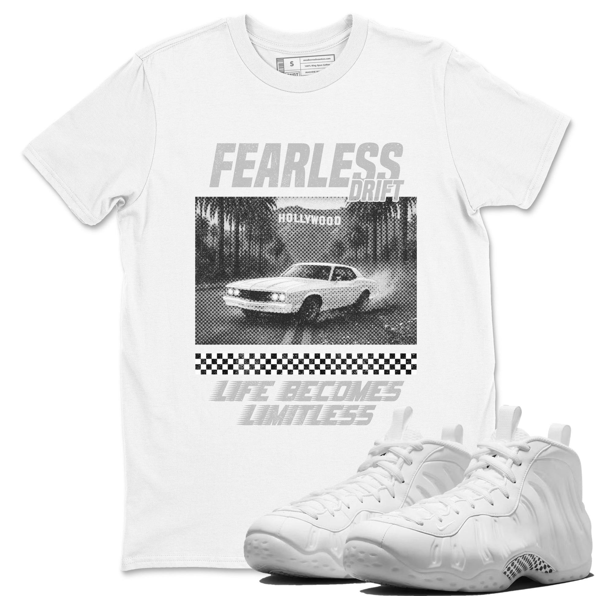 Fearless Drift sneaker match t-shirt styled to complete your fit with the Air Foamposite One Triple White sneakers, shown in White 1.