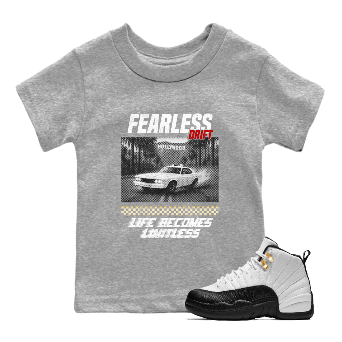 Sneaker match tees – Sneaker Tees To Match Air Jordan 12 Taxi Shoes – Fearless Drift Kids T-Shirt Heather Grey 1