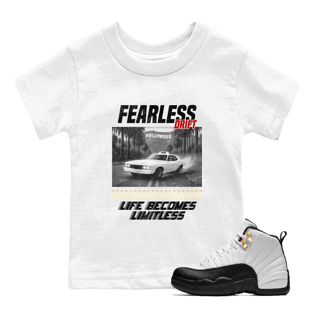 Sneaker match tees – Sneaker Tees To Match Air Jordan 12 Taxi Shoes – Fearless Drift Kids T-Shirt White 1