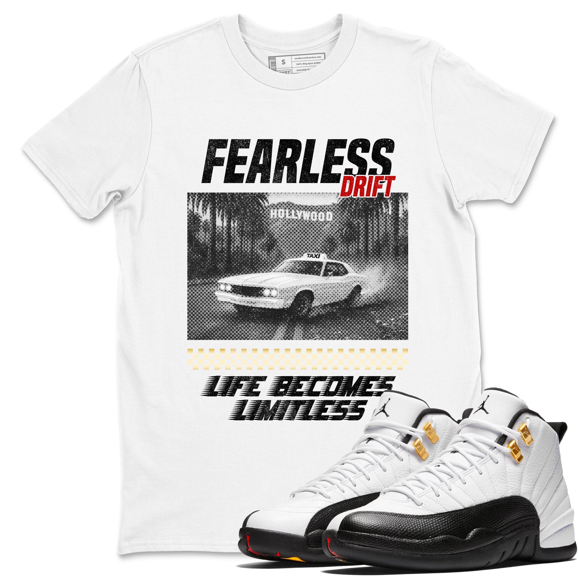 Sneaker match tees – Sneaker Tees To Match Air Jordan 12 Taxi Shoes – Fearless Drift Tee White 1