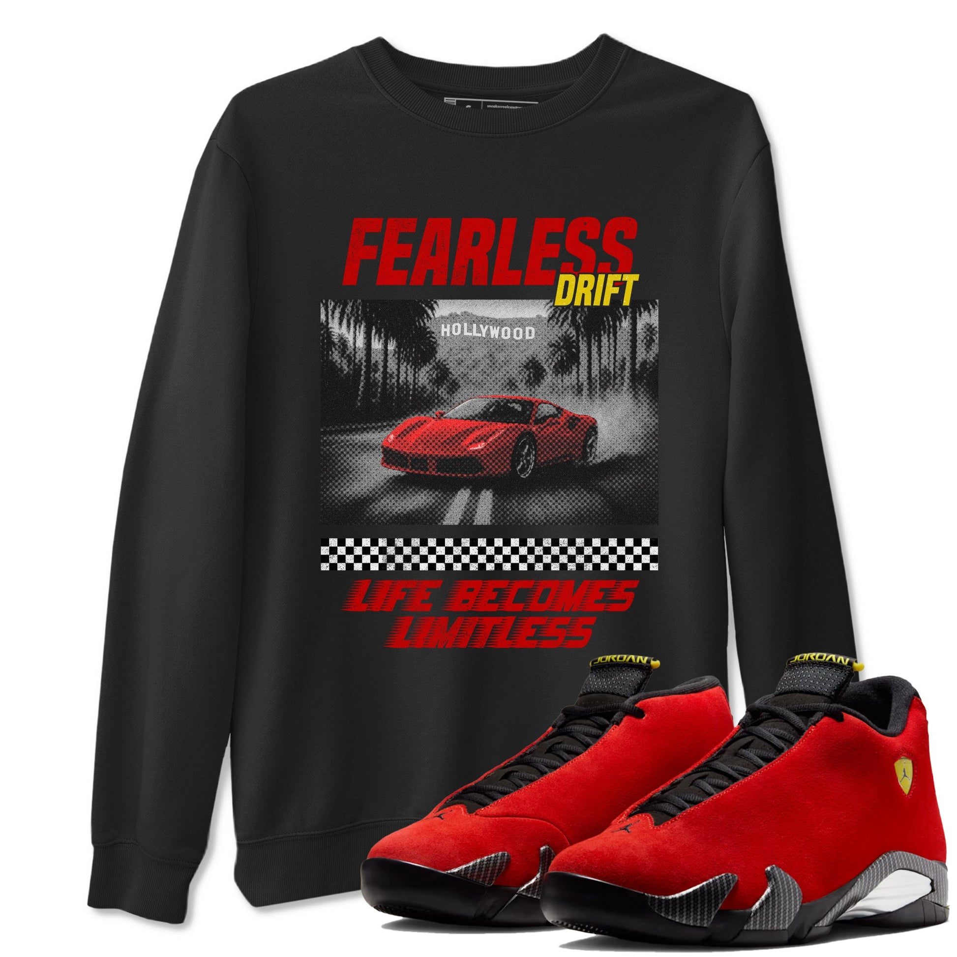 Fearless Drift sneaker match t-shirt styled to complete your fit with the Air Jordan 14 Challenge Red sneakers AJ14 Ferrari, shown in Black 1.