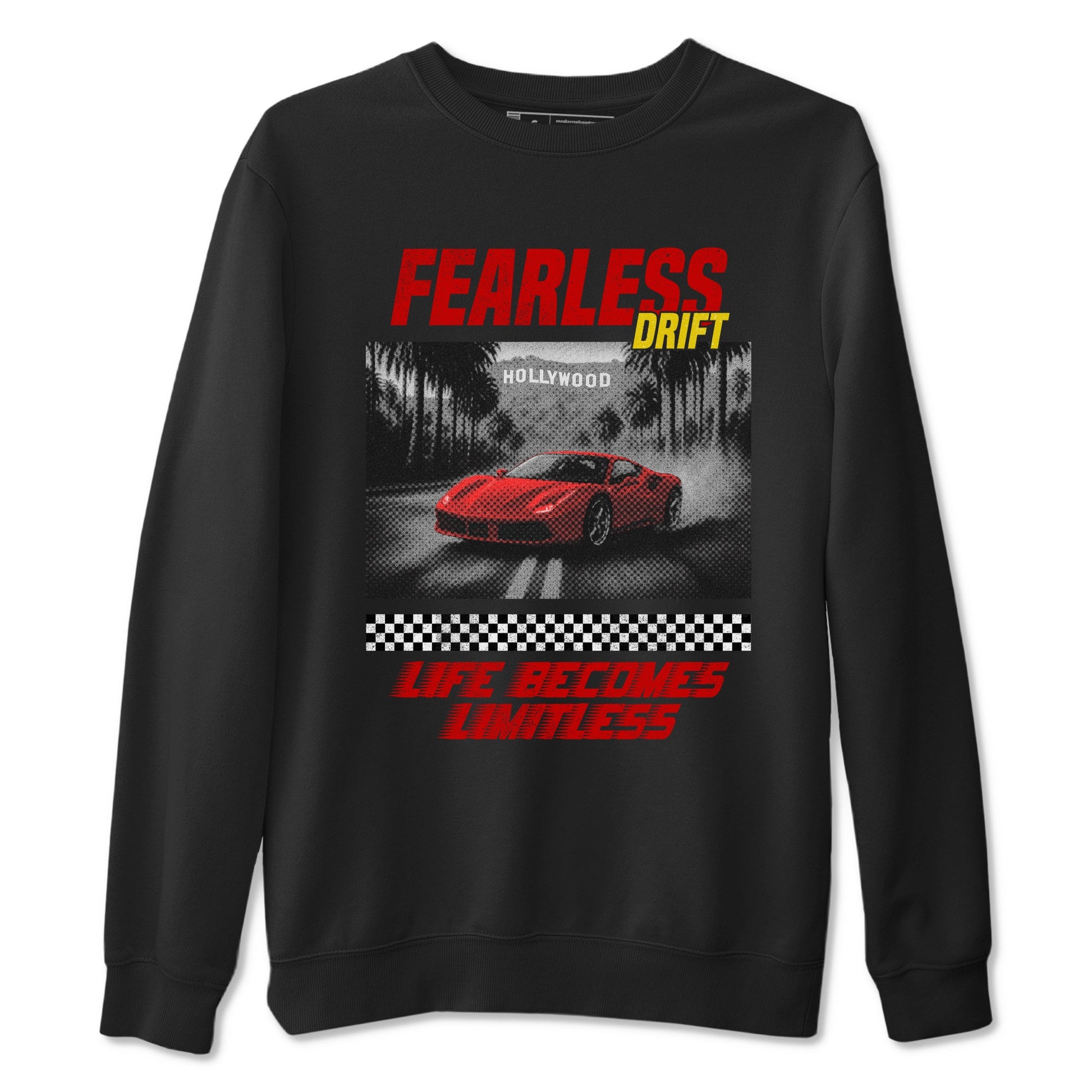 Fearless Drift sneaker match t-shirt styled to complete your fit with the Air Jordan 14 Challenge Red sneakers AJ14 Ferrari, shown in Black 2.
