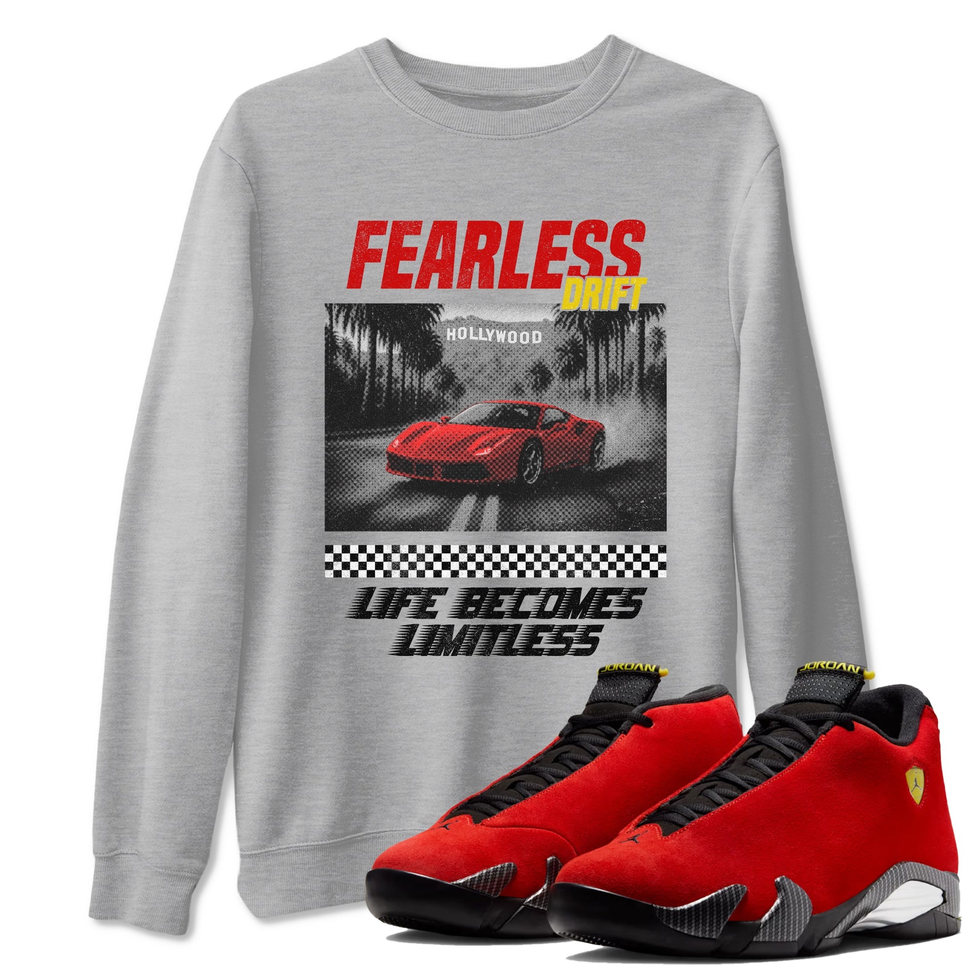 Fearless Drift sneaker match t-shirt styled to complete your fit with the Air Jordan 14 Challenge Red sneakers AJ14 Ferrari, shown in Heather Grey 1.