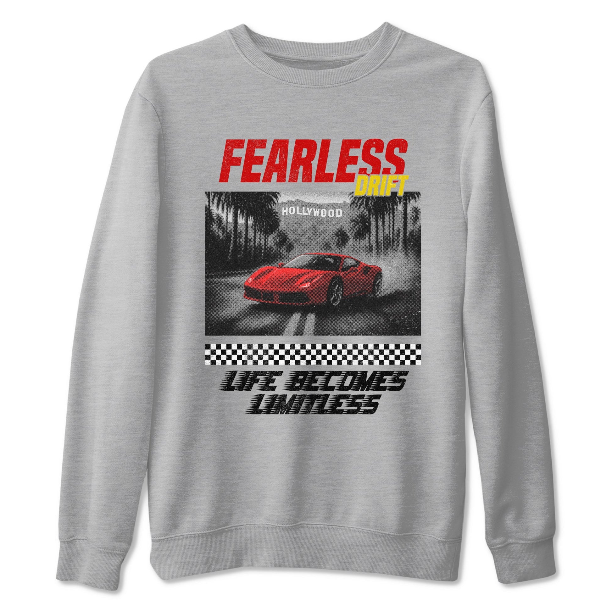 Fearless Drift sneaker match t-shirt styled to complete your fit with the Air Jordan 14 Challenge Red sneakers AJ14 Ferrari, shown in Heather Grey 2.