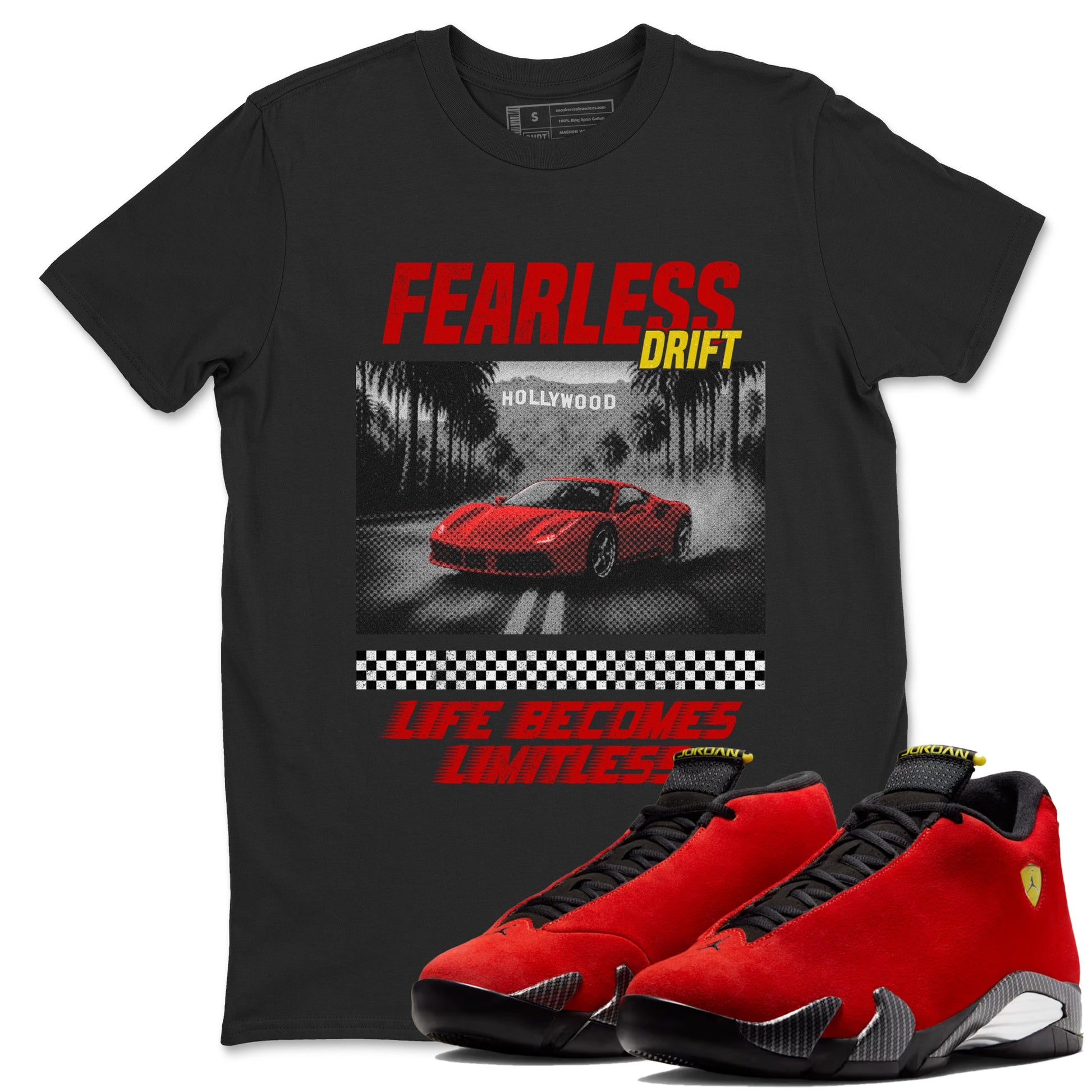 Fearless Drift sneaker match t-shirt styled to complete your fit with the Air Jordan 14 Challenge Red sneakers AJ14 Ferrari, shown in Black 1.