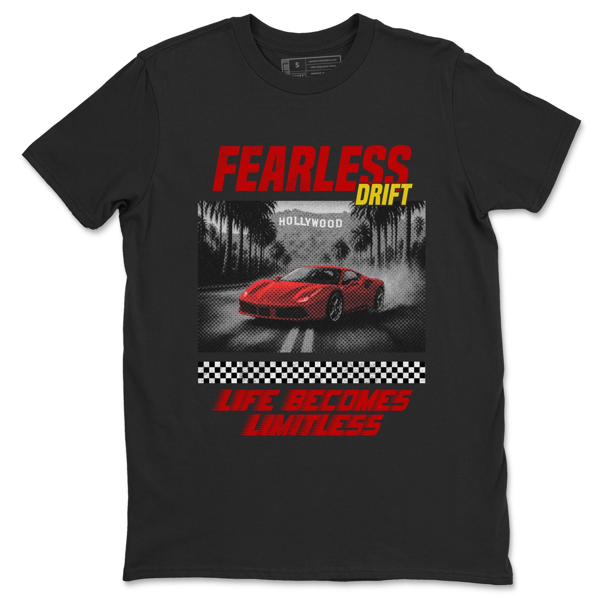 Fearless Drift sneaker match t-shirt styled to complete your fit with the Air Jordan 14 Challenge Red sneakers AJ14 Ferrari, shown in Black 2.