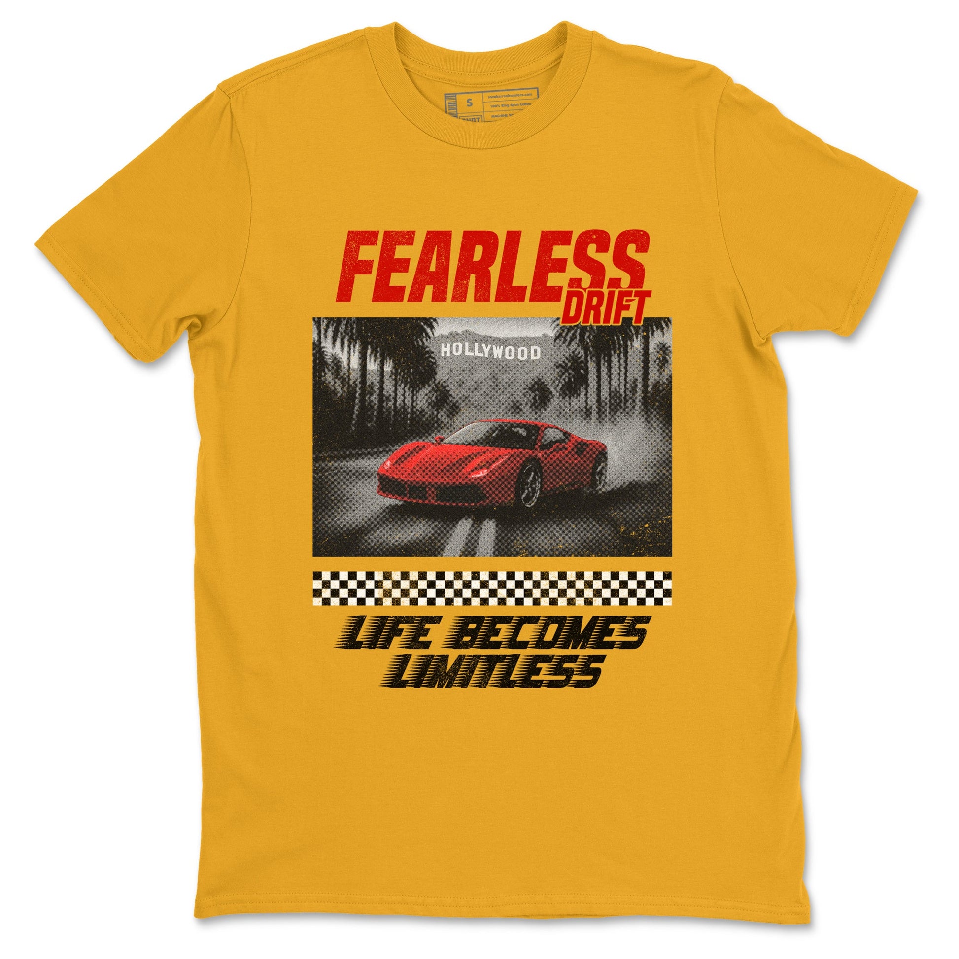 Fearless Drift sneaker match t-shirt styled to complete your fit with the Air Jordan 14 Challenge Red sneakers AJ14 Ferrari, shown in Gold 2.