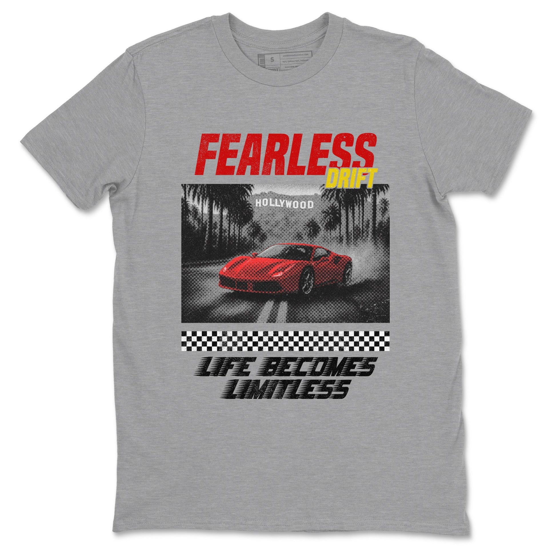Fearless Drift sneaker match t-shirt styled to complete your fit with the Air Jordan 14 Challenge Red sneakers AJ14 Ferrari, shown in Heather Grey 2.