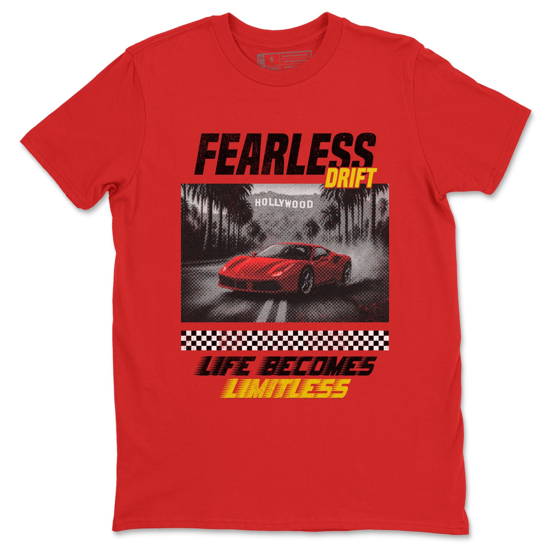 Fearless Drift sneaker match t-shirt styled to complete your fit with the Air Jordan 14 Challenge Red sneakers AJ14 Ferrari, shown in Red 2.