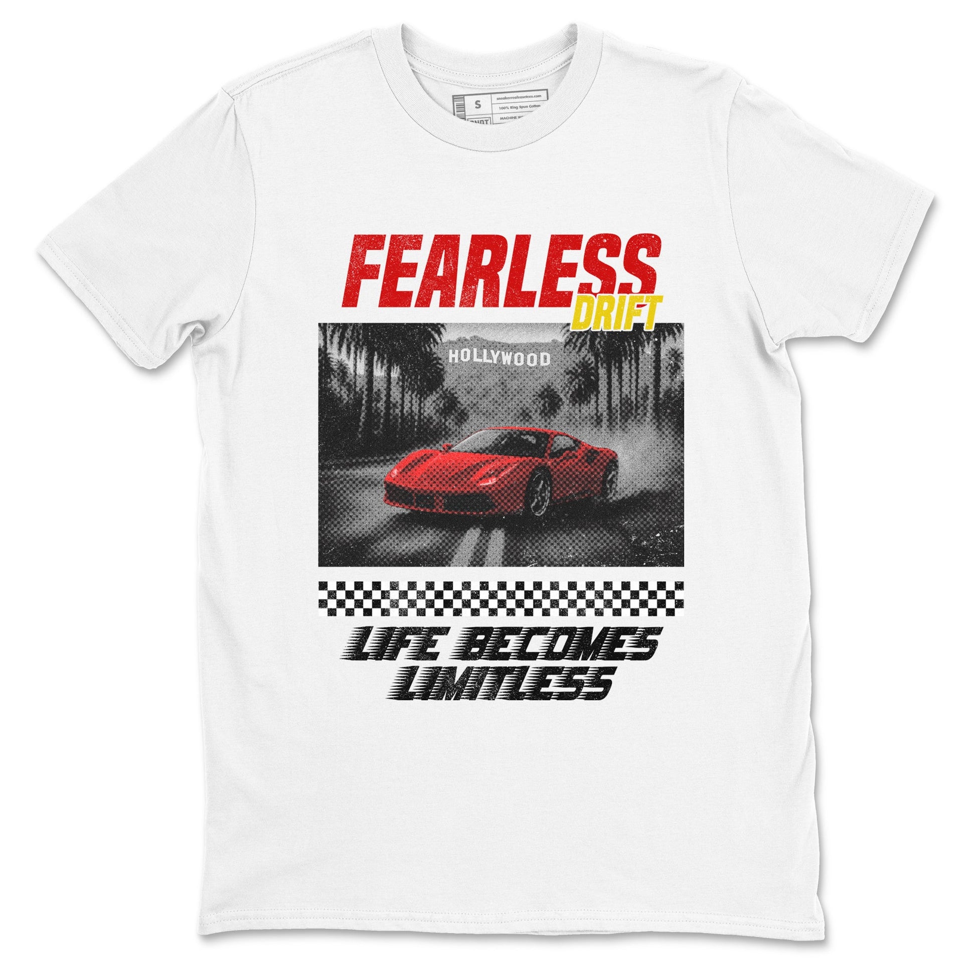 Fearless Drift sneaker match t-shirt styled to complete your fit with the Air Jordan 14 Challenge Red sneakers AJ14 Ferrari, shown in White 2.