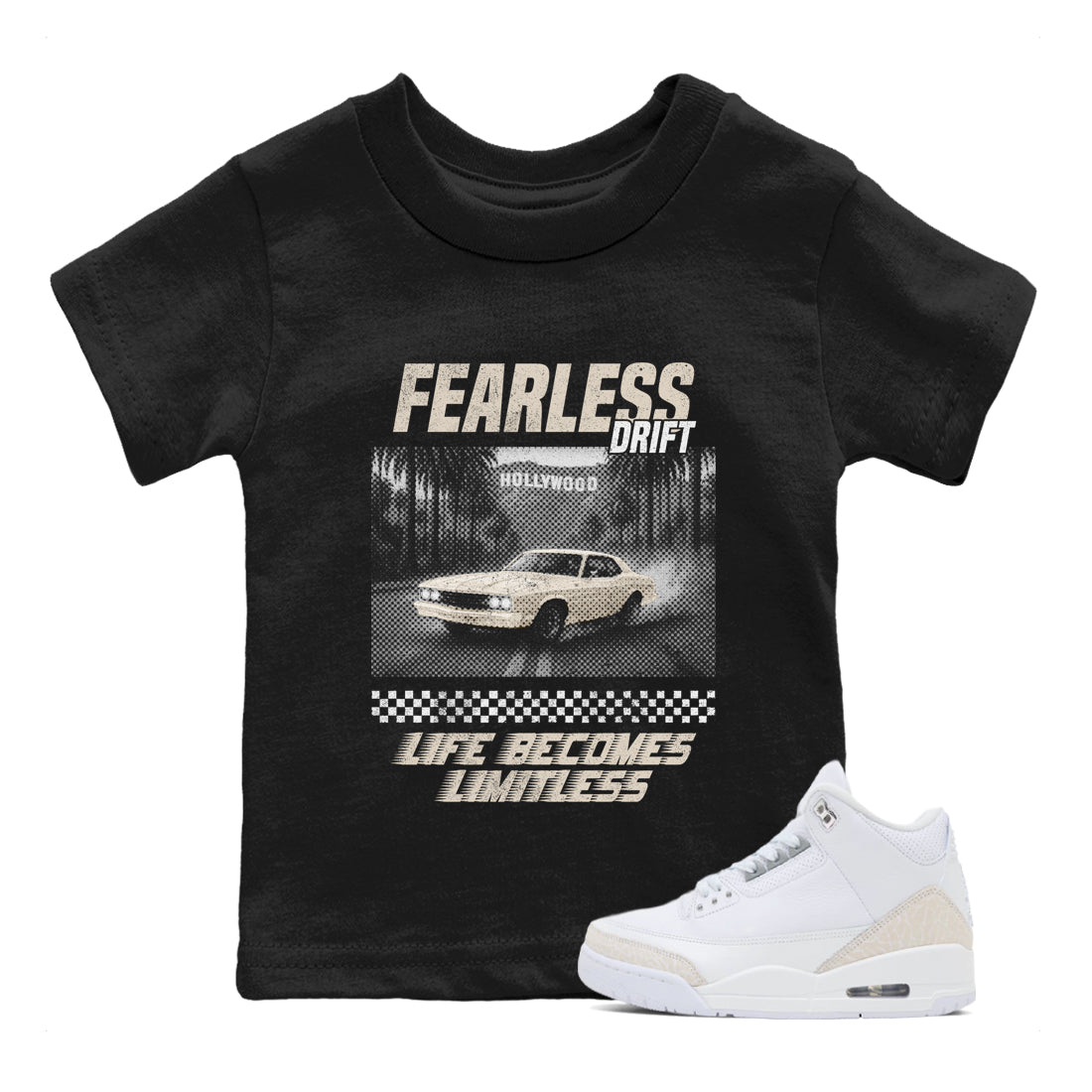 Fearless Drift baby and kids t-shirt crafted for little sneakerheads to shine with the Air Jordan 3 Pure Money sneakers, displayed in Black 1.