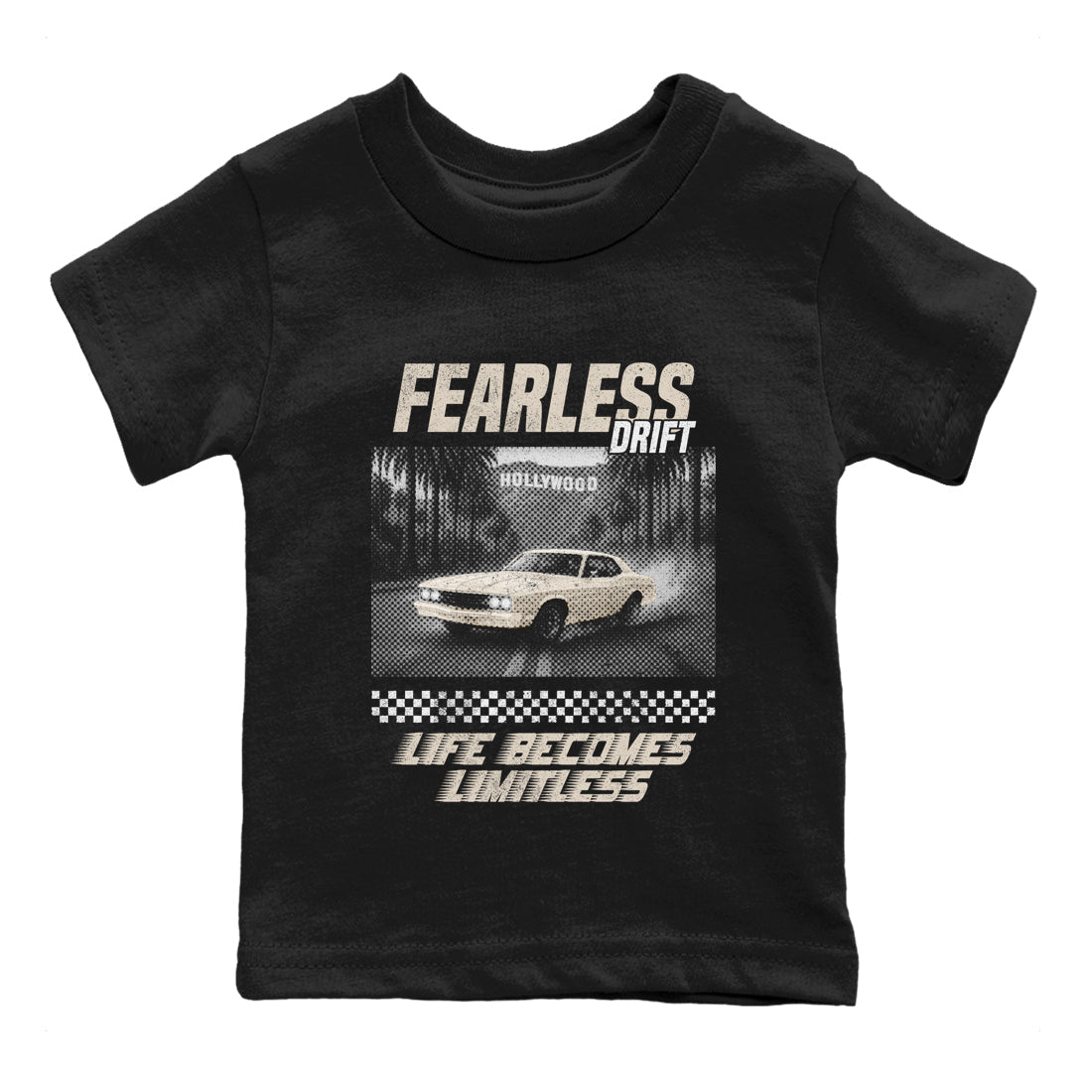 Fearless Drift baby and kids t-shirt crafted for little sneakerheads to shine with the Air Jordan 3 Pure Money sneakers, displayed in Black 2.