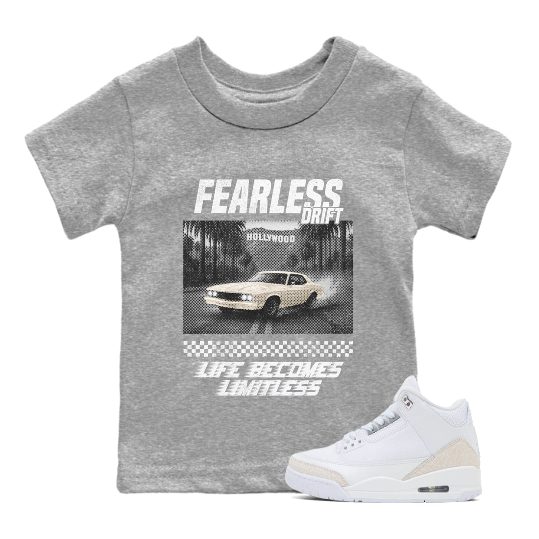 Fearless Drift baby and kids t-shirt crafted for little sneakerheads to shine with the Air Jordan 3 Pure Money sneakers, displayed in Heather Grey 1.